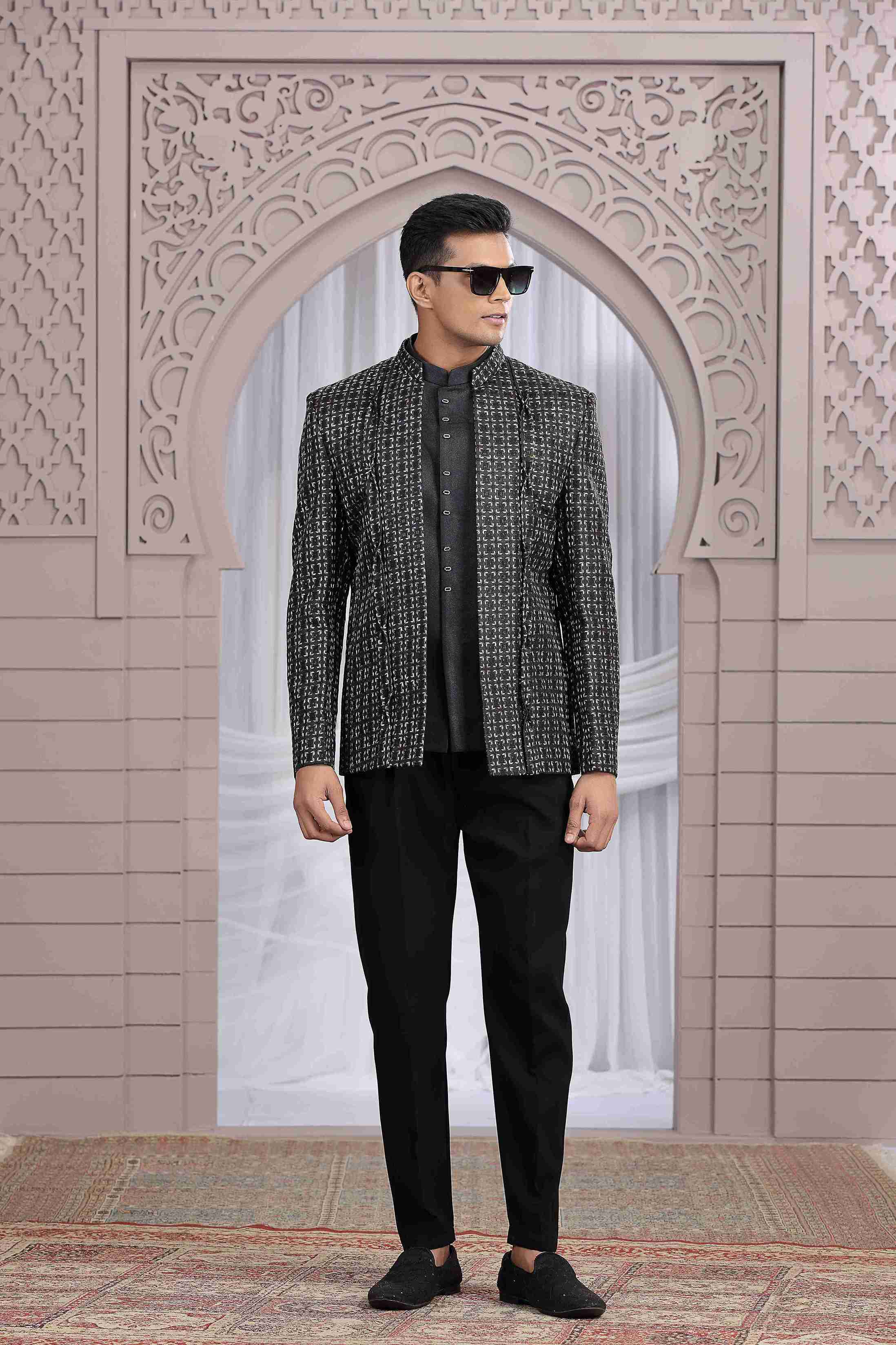 Classic Black Designer Jodhpuri Suit with Pattern Thread Work Jodhpuri suit Anant Tex Exports Pvt.Ltd..