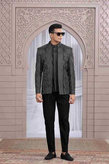 Classic Black Designer Jodhpuri Suit with Pattern Thread Work Jodhpuri suit Anant Tex Exports Pvt.Ltd..