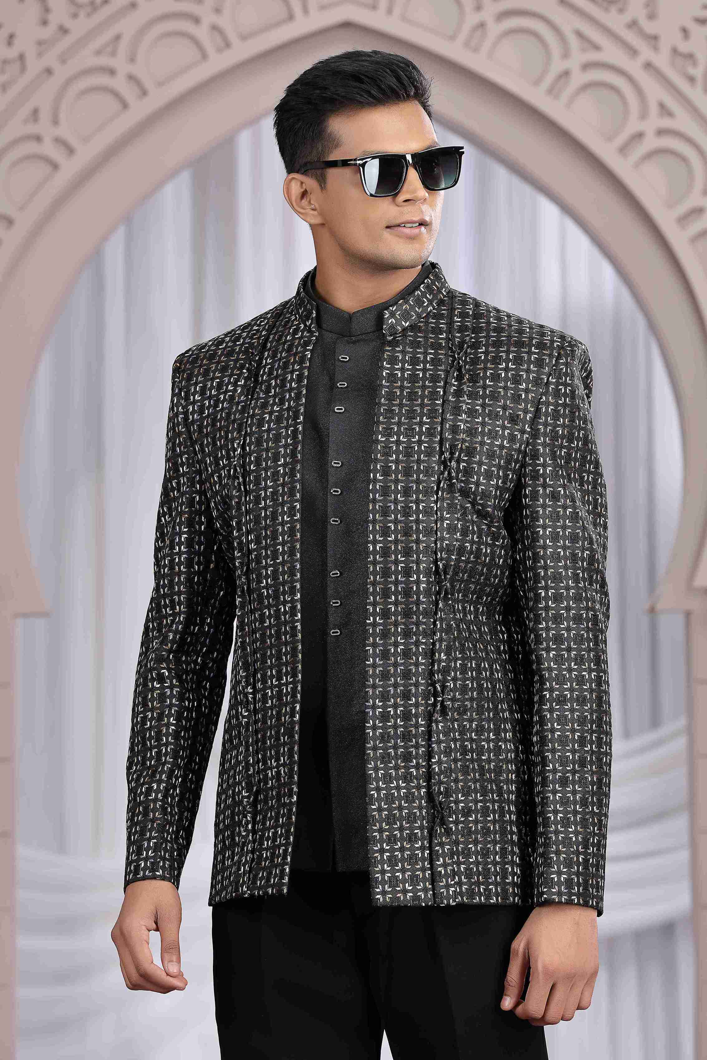 Classic Black Designer Jodhpuri Suit with Pattern Thread Work
