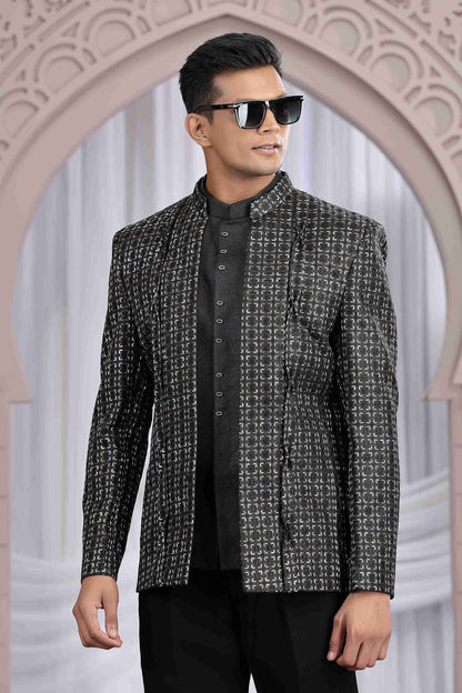 Classic Black Designer Jodhpuri Suit with Pattern Thread Work Jodhpuri suit Anant Tex Exports Pvt.Ltd..