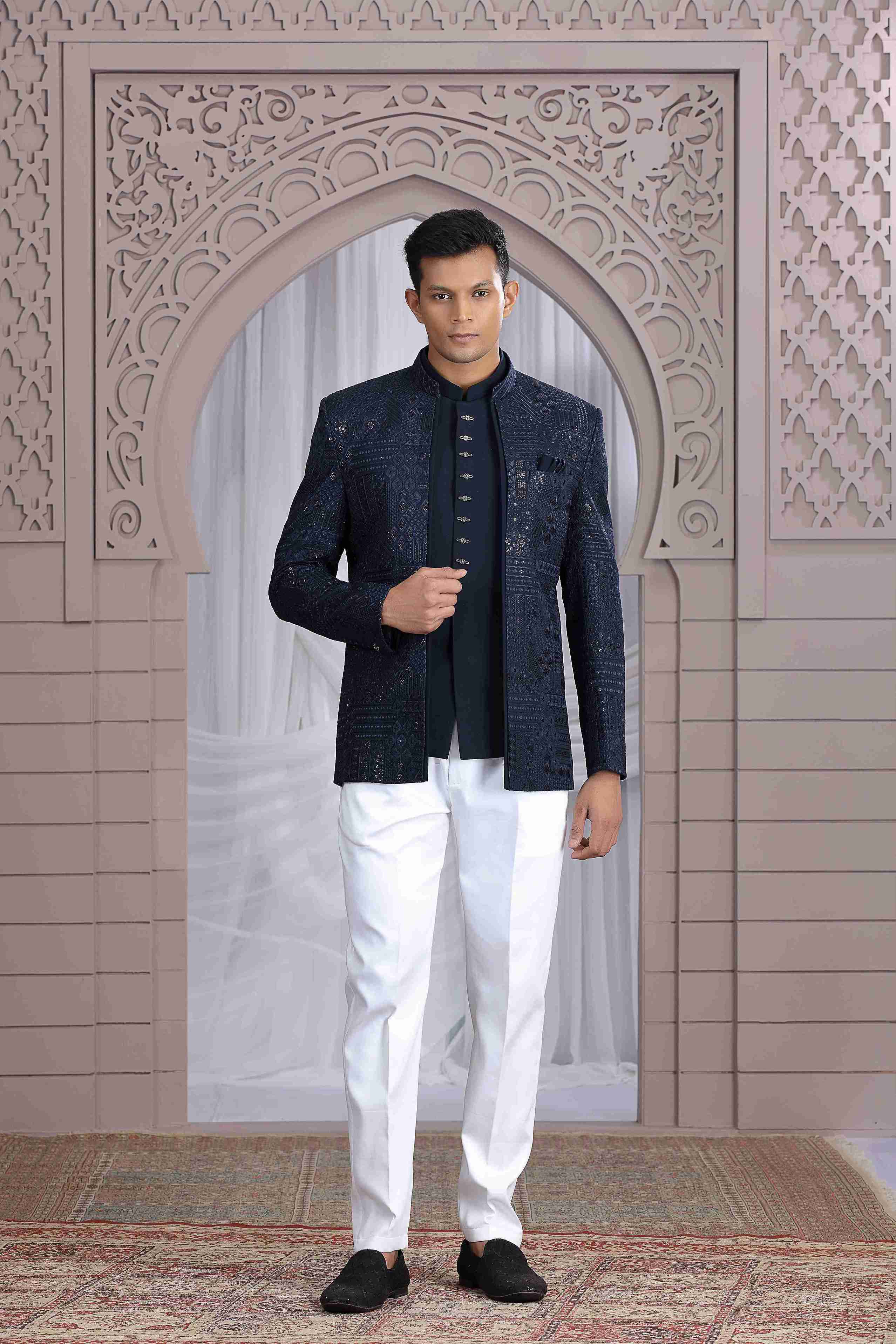 Navy Blue Jodhpuri Suit with Exclusive Thread Work Jacket