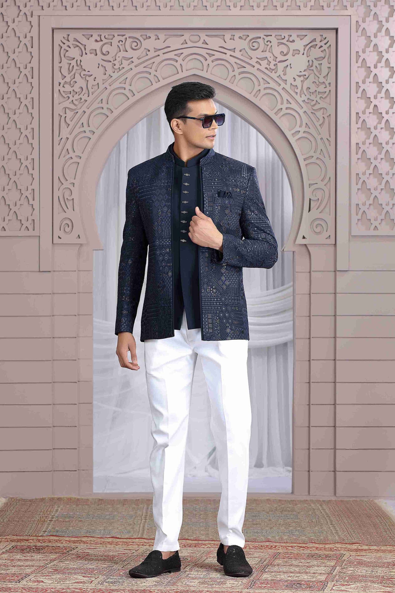 Navy Blue Jodhpuri Suit with Exclusive Thread Work Jacket Jodhpuri suit Anant Tex Exports Pvt.Ltd..