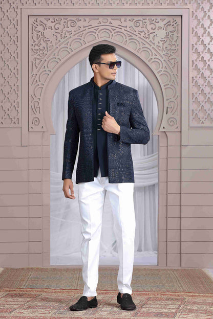 Navy Blue Jodhpuri Suit with Exclusive Thread Work Jacket Jodhpuri suit Anant Tex Exports Pvt.Ltd..