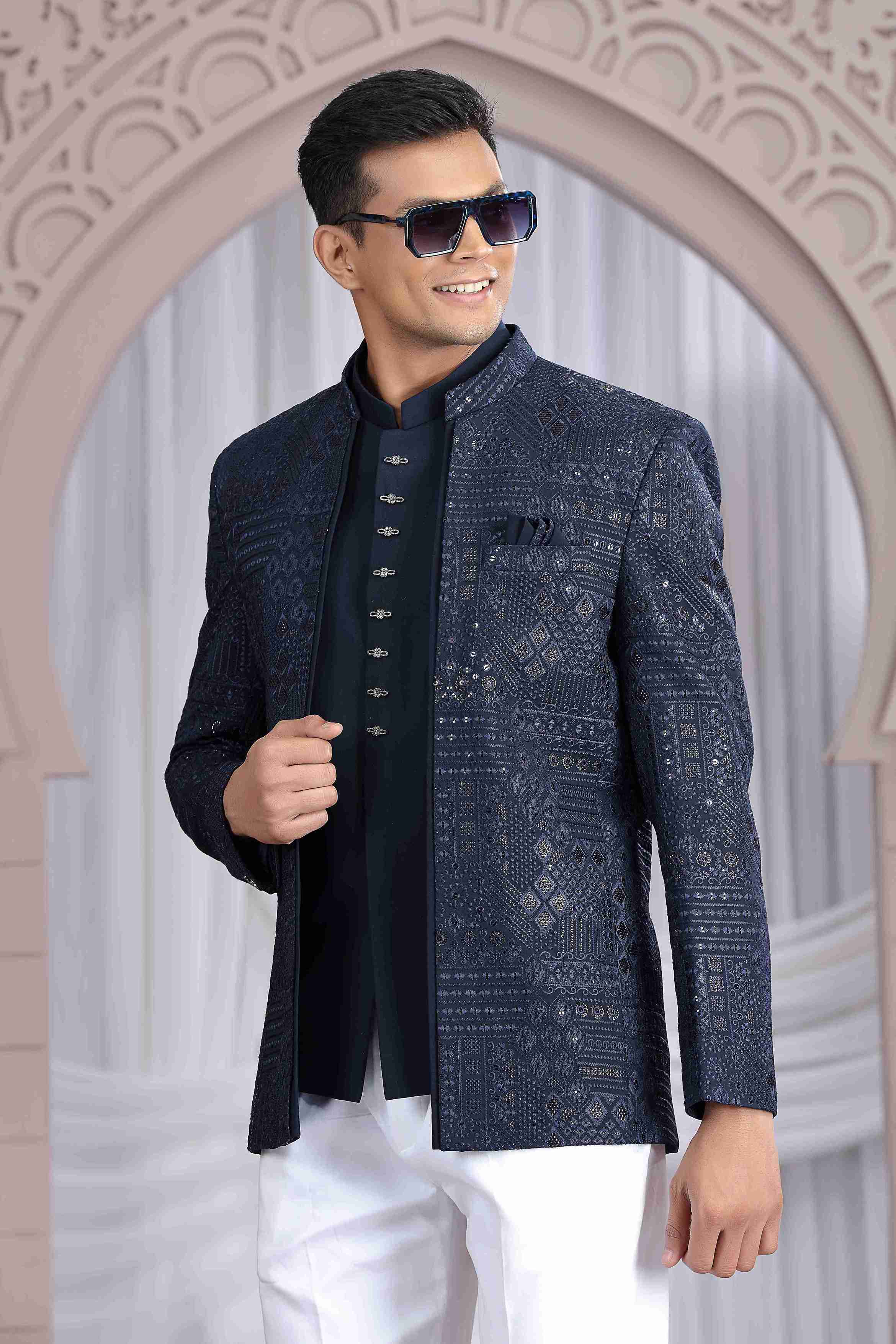 Navy Blue Jodhpuri Suit with Exclusive Thread Work Jacket