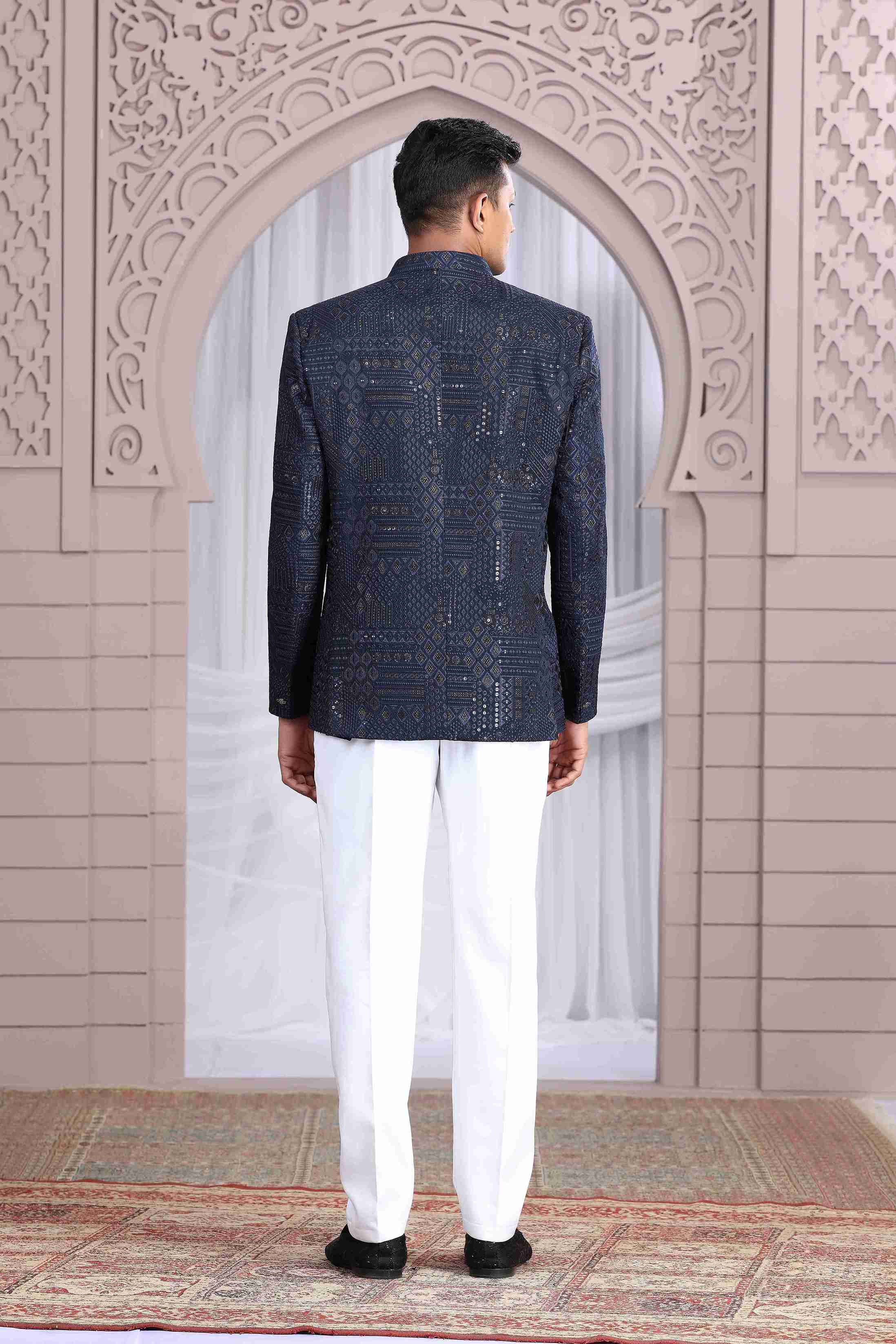 Navy Blue Jodhpuri Suit with Exclusive Thread Work Jacket