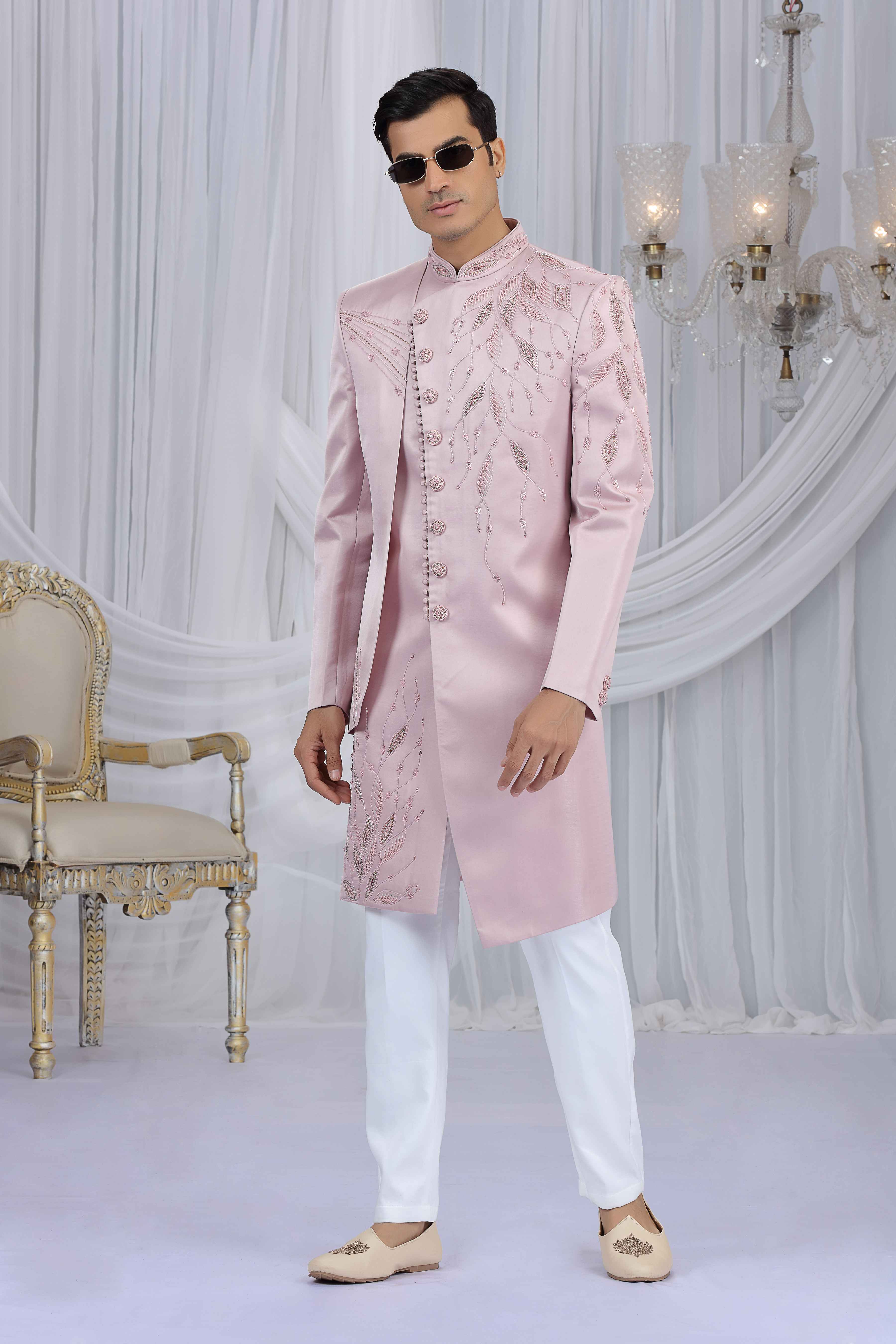 Light Pink Embroidered Art Silk Sherwani for Men