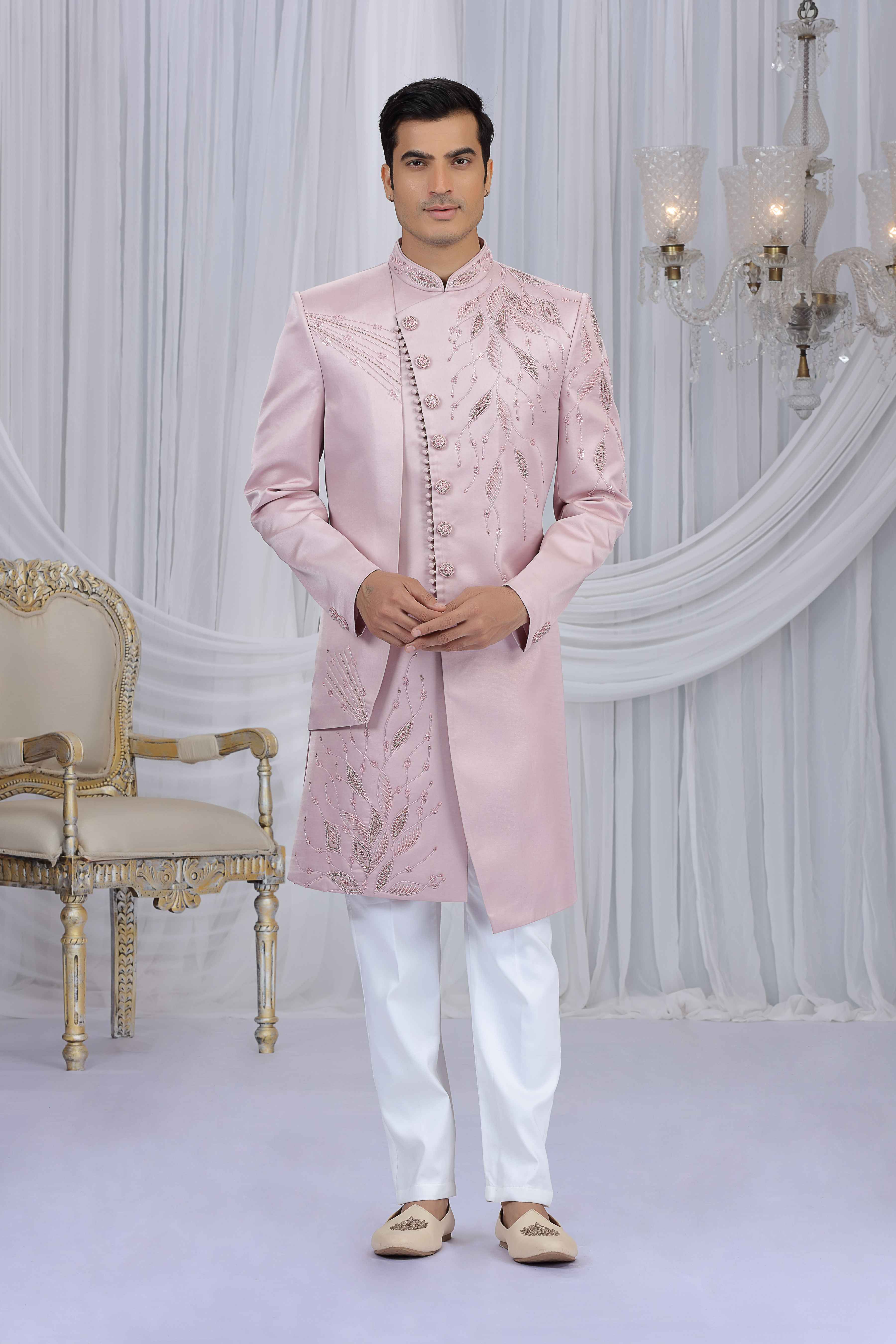 Light Pink Embroidered Art Silk Sherwani for Men