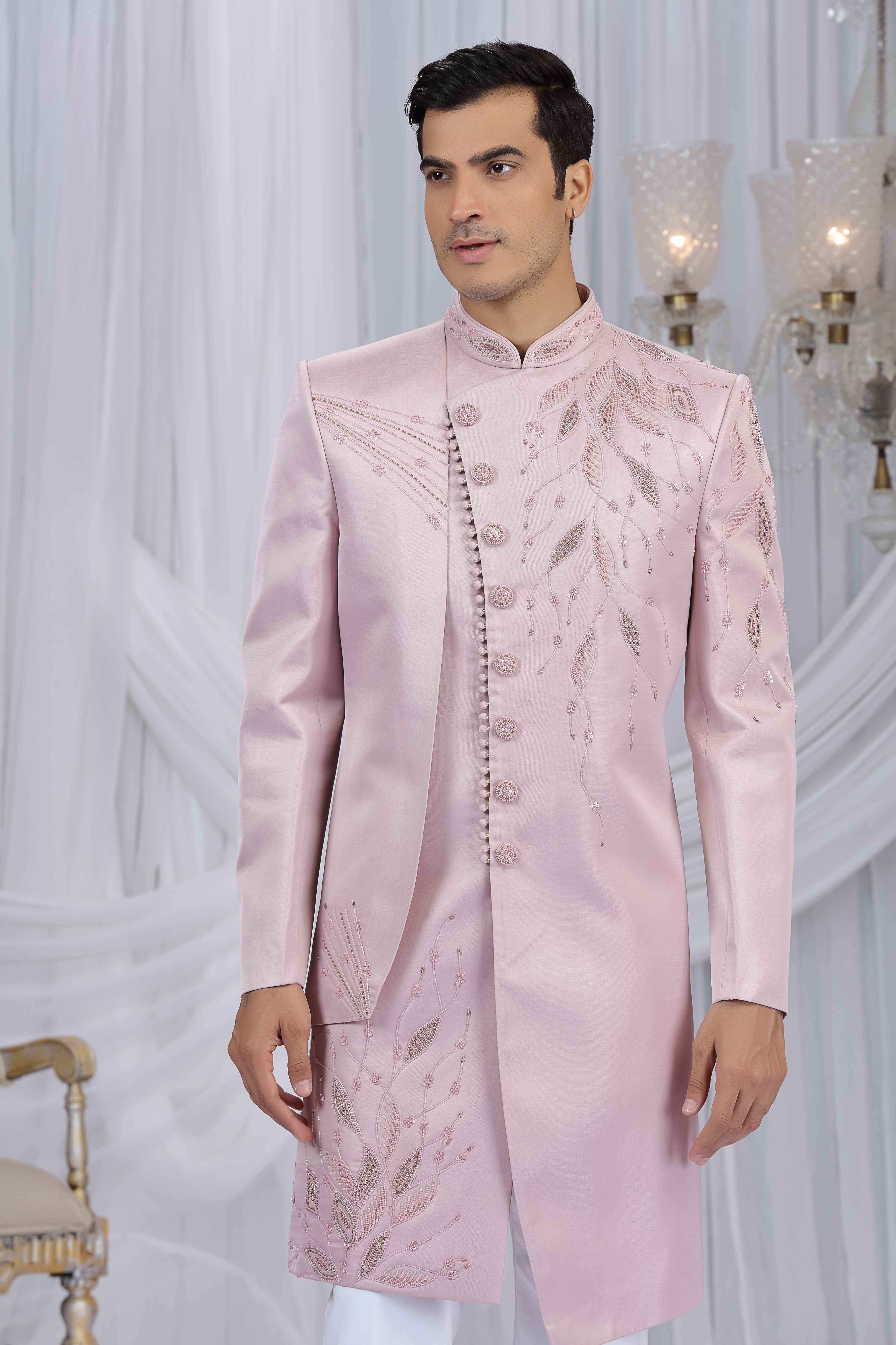 Light Pink Embroidered Art Silk Sherwani for Men