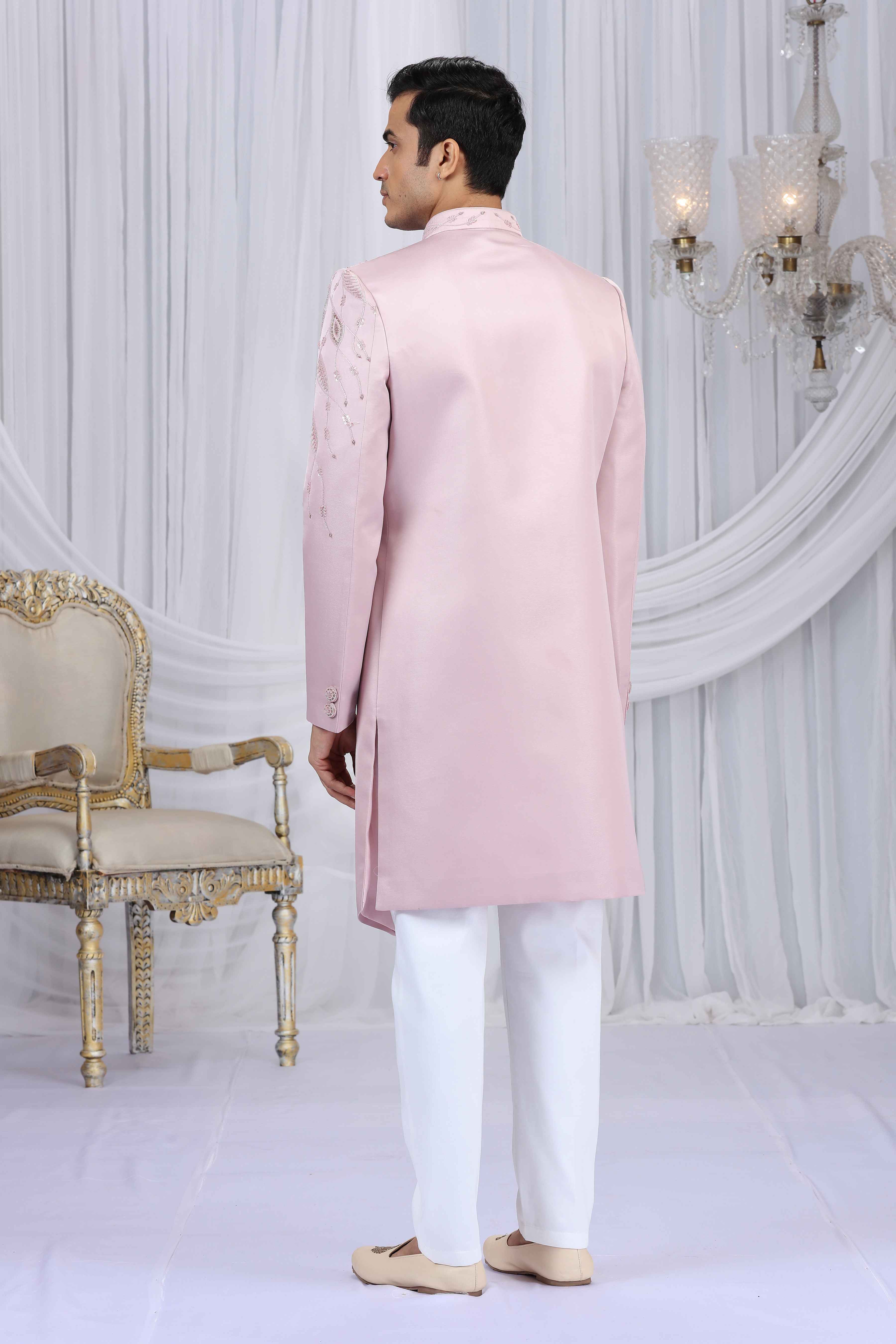 Light Pink Embroidered Art Silk Sherwani for Men