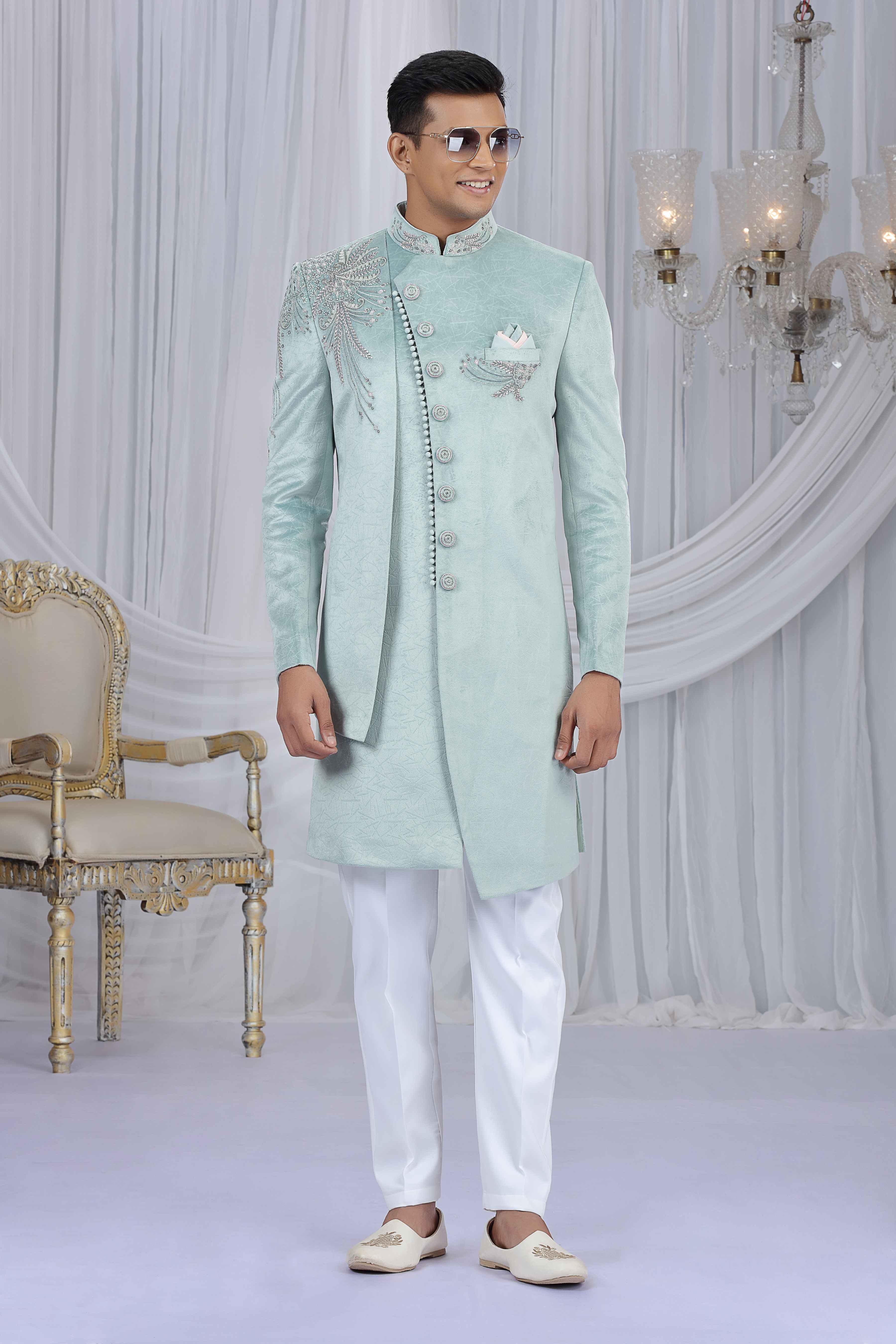 Pista Green Embroidered Art Silk Sherwani for Groom