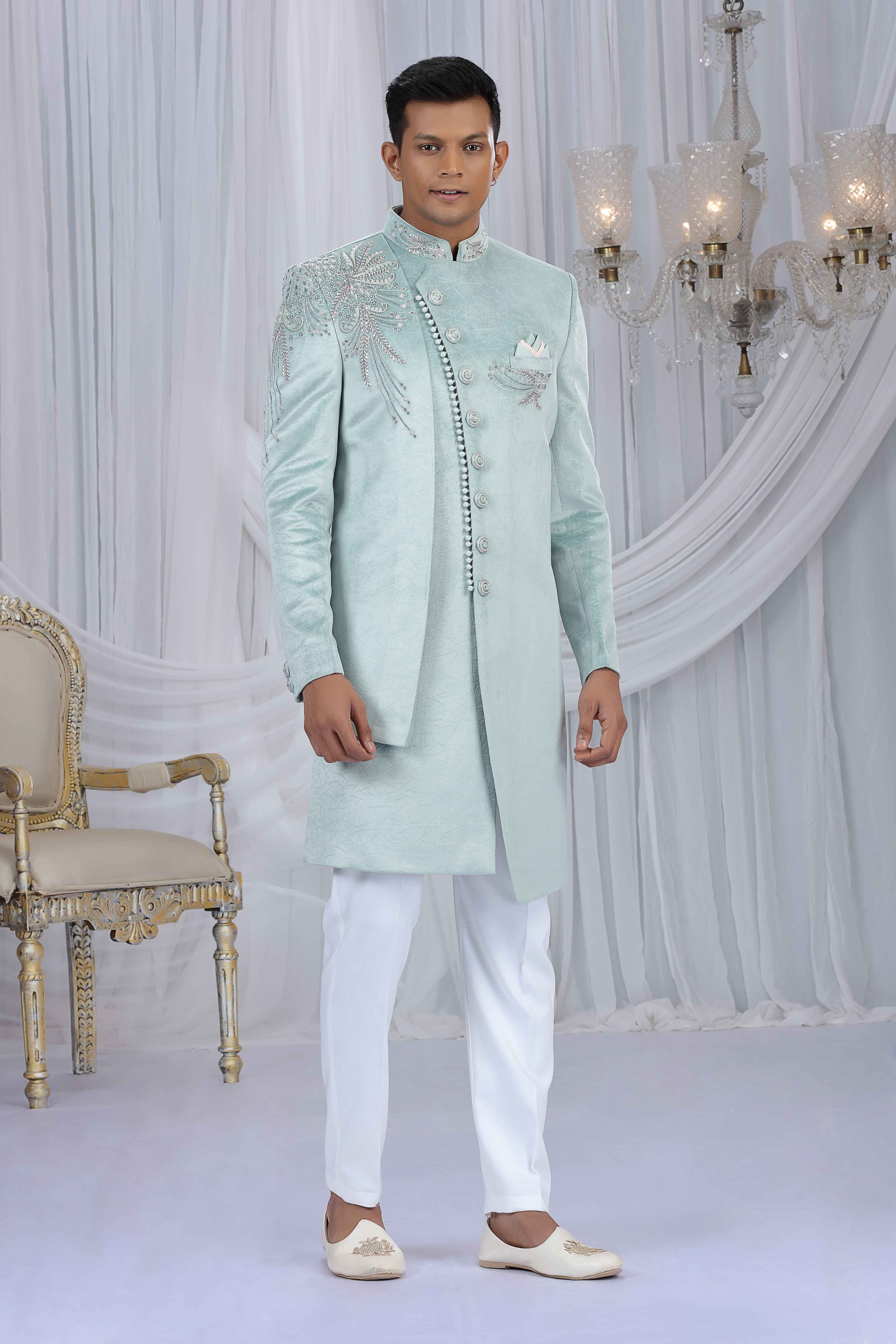 Pista Green Embroidered Art Silk Sherwani for Groom
