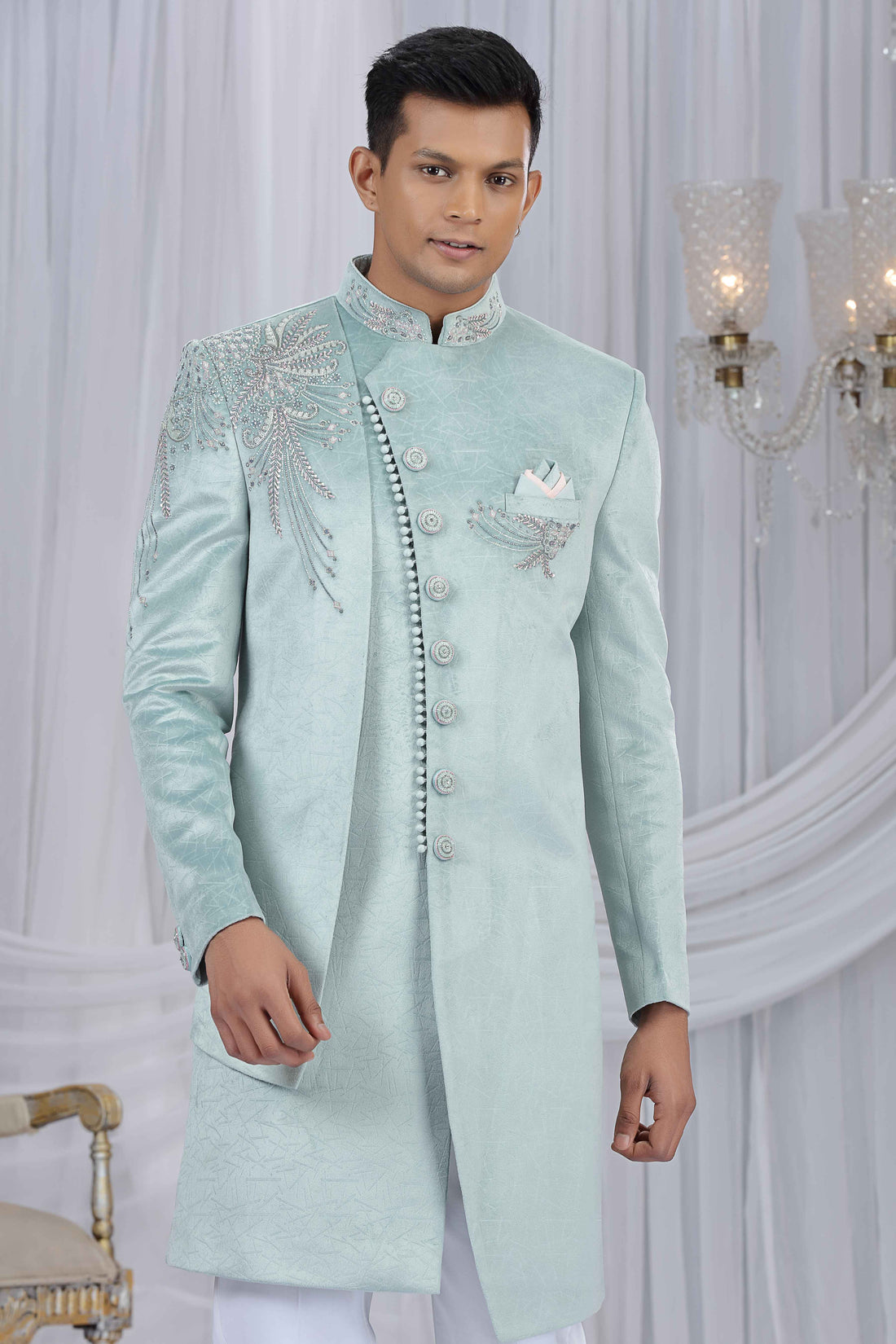 Pista Green Embroidered Art Silk Sherwani for Groom Sherwani for Men Anant Tex Exports Pvt.Ltd..