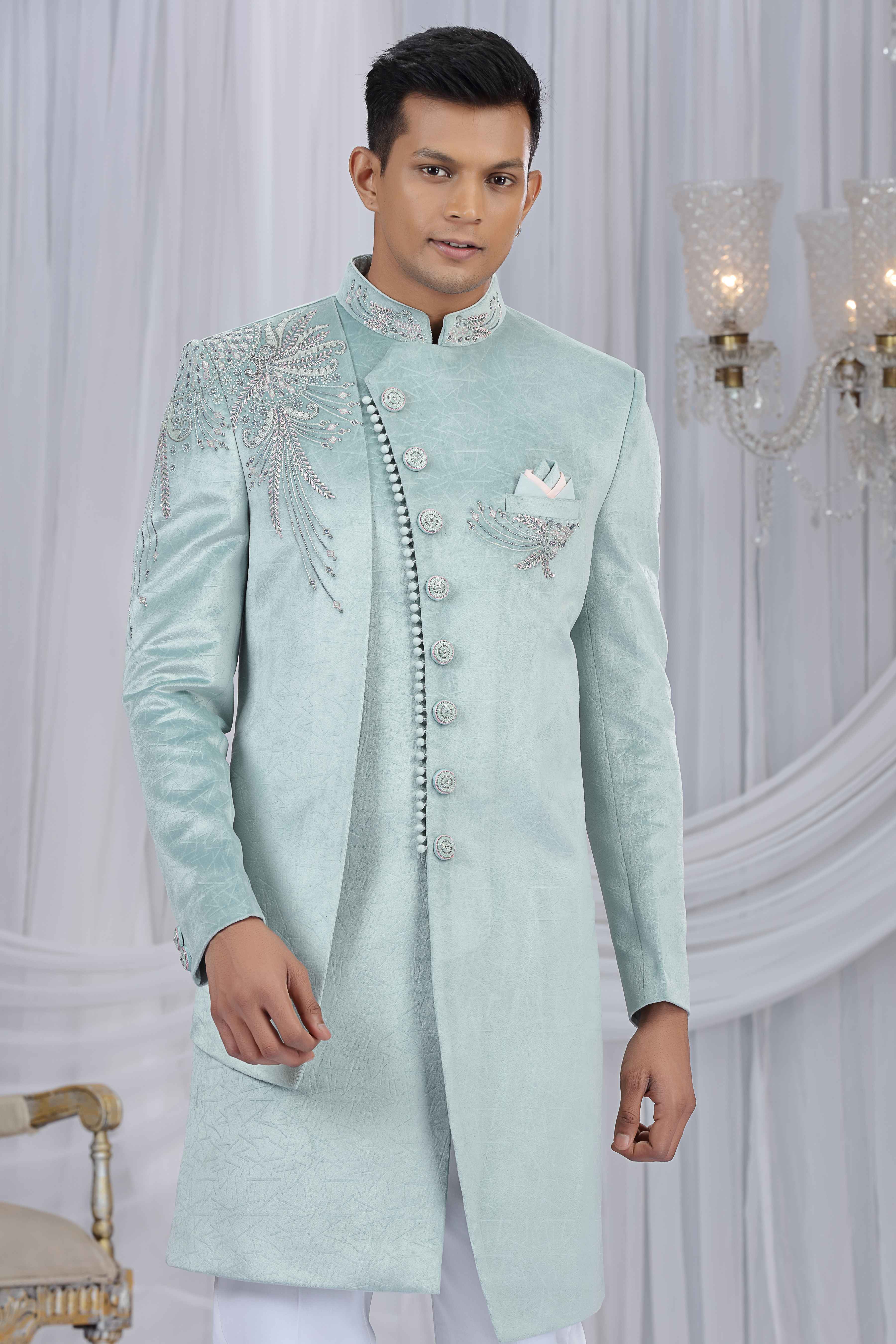 Pista Green Embroidered Art Silk Sherwani for Groom