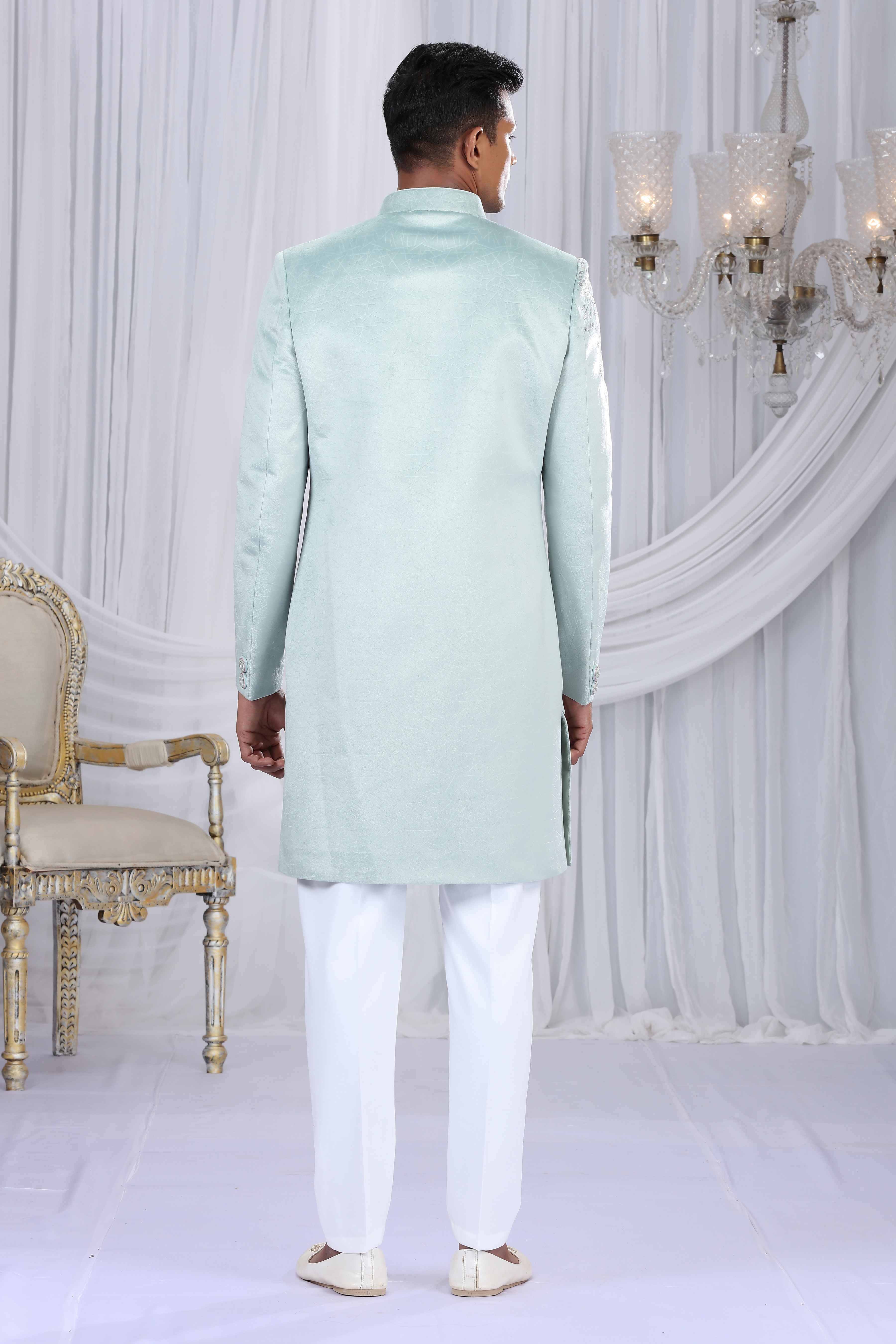 Pista Green Embroidered Art Silk Sherwani for Groom