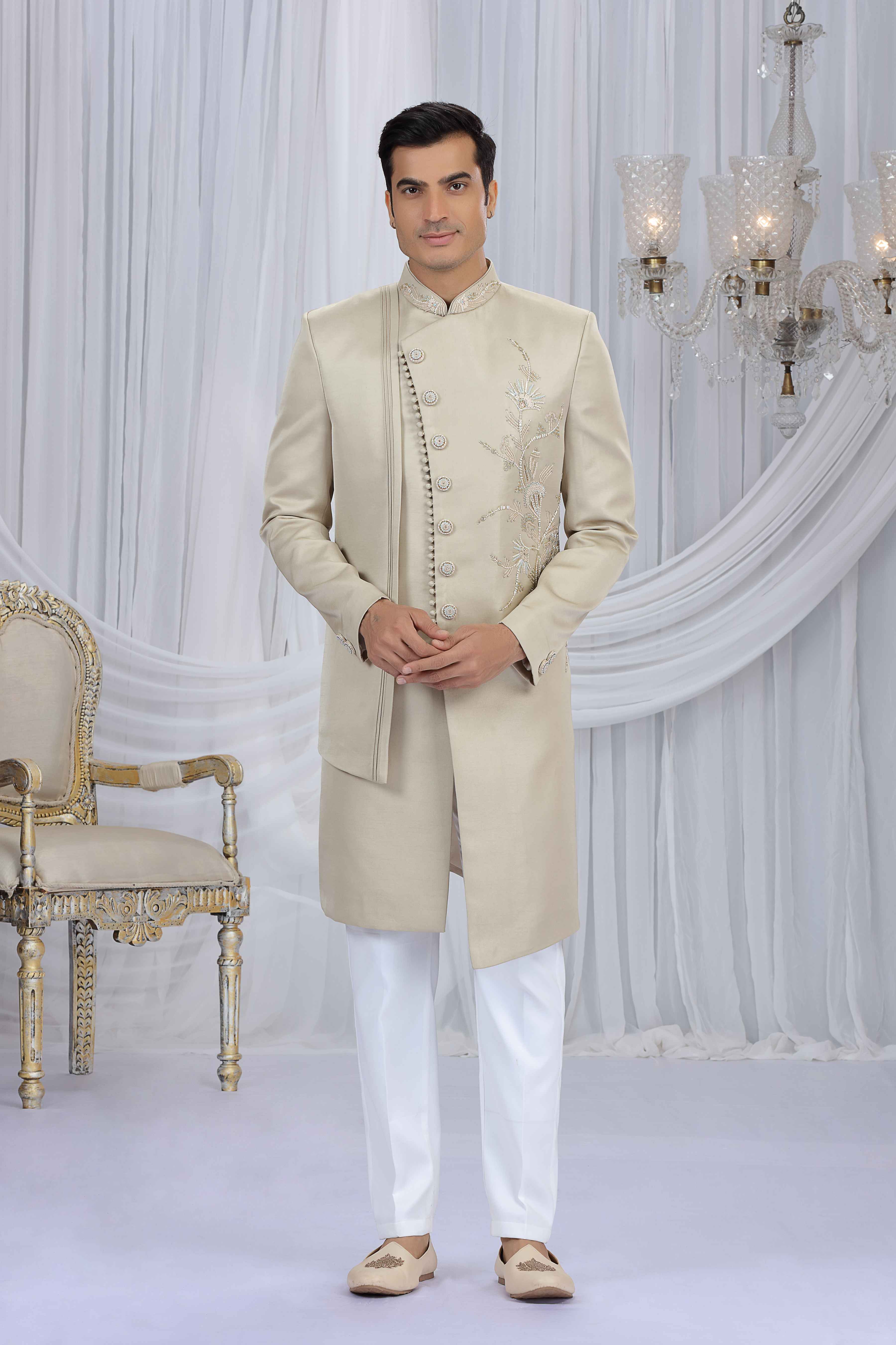 Beige Art Silk Embroidered Sherwani for Men