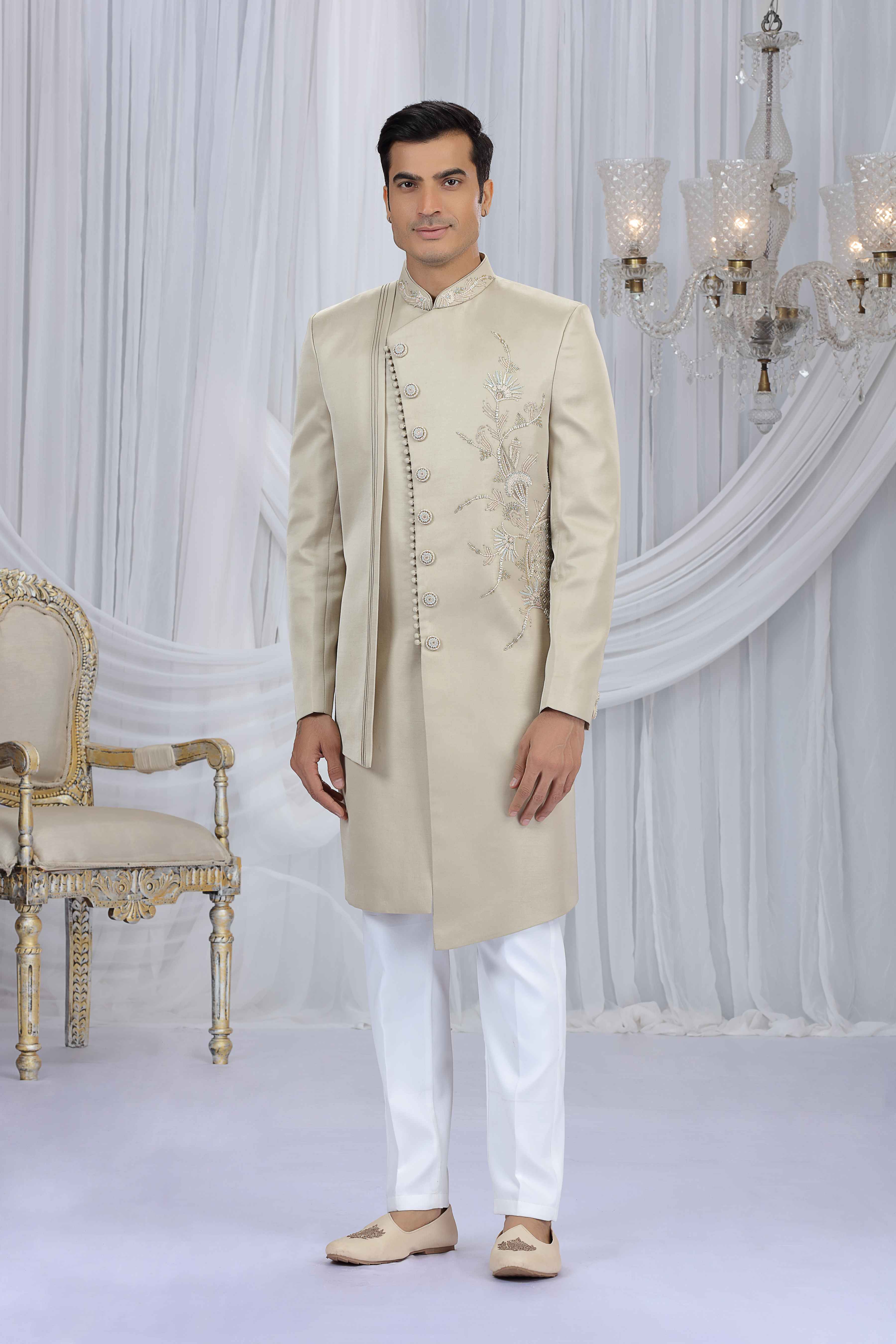 Beige Art Silk Embroidered Sherwani for Men