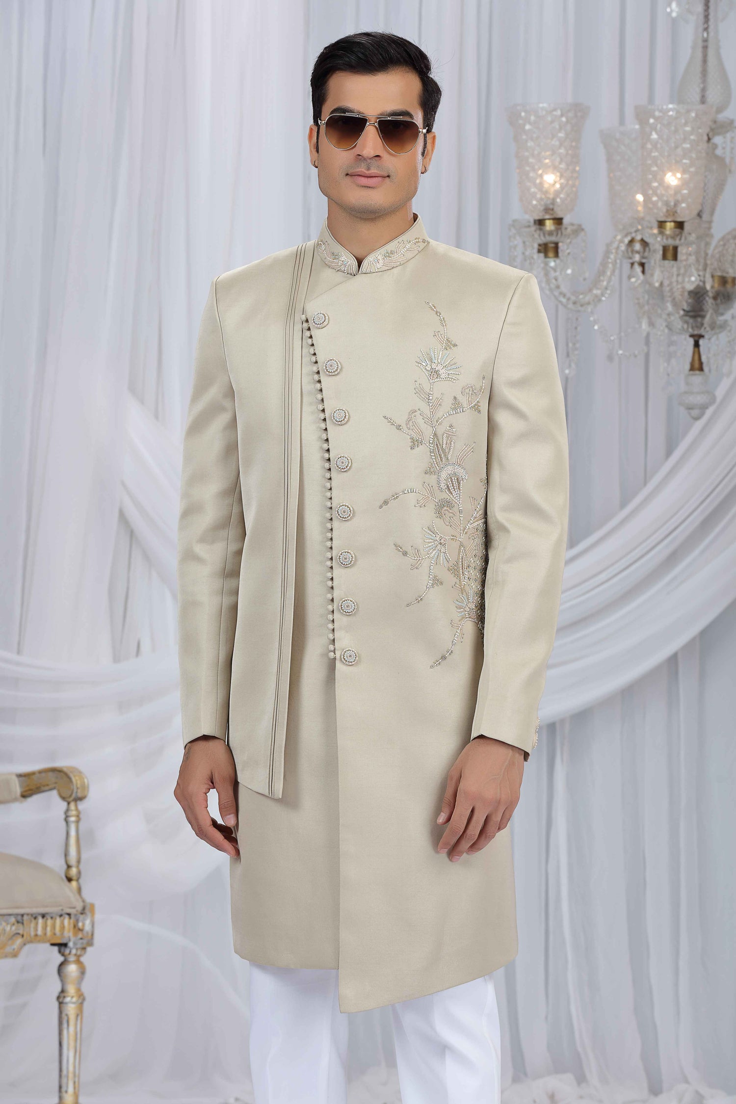 Beige Art Silk Embroidered Sherwani for Men Sherwani for Men Anant Tex Exports Pvt.Ltd..