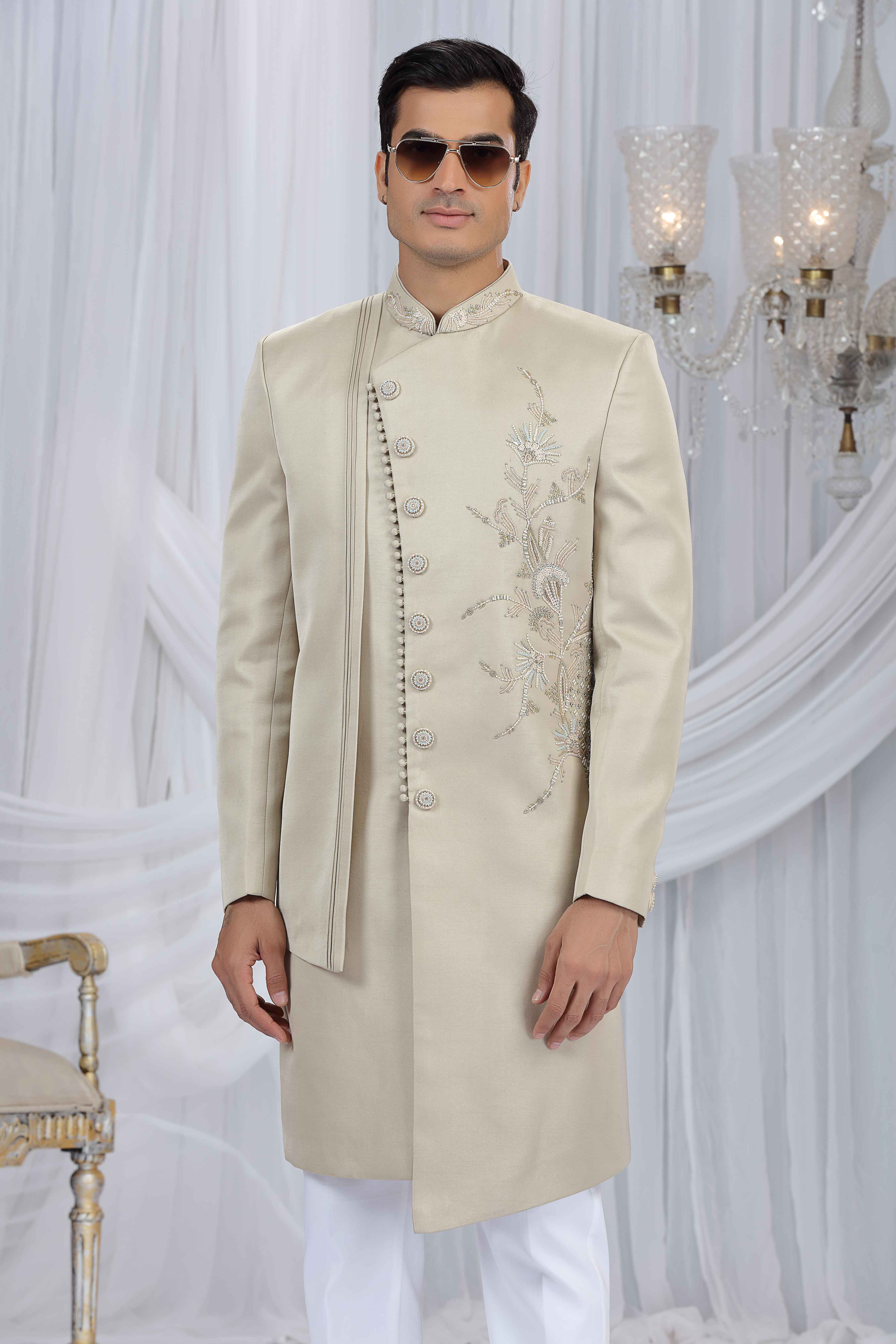 Beige Art Silk Embroidered Sherwani for Men