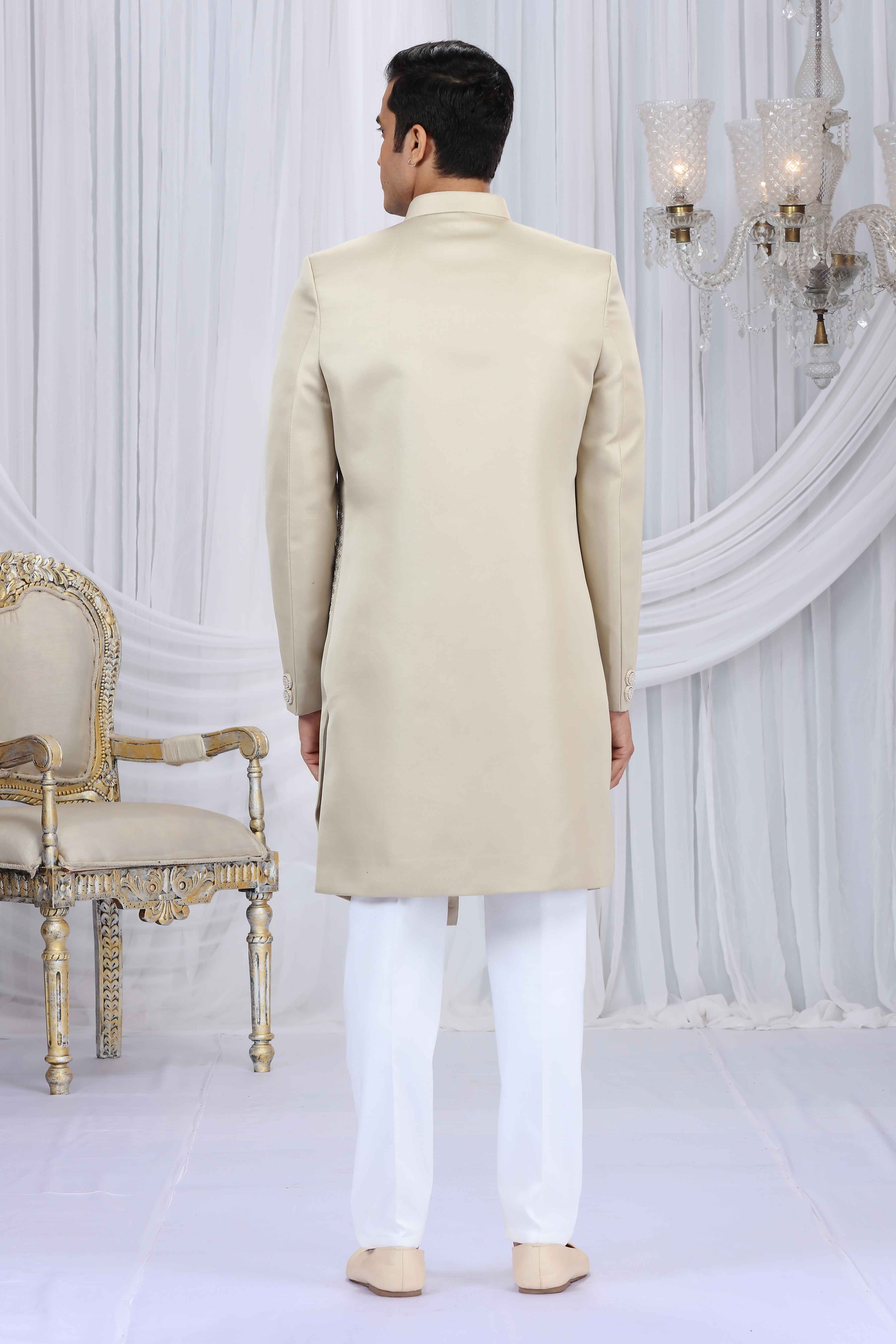 Beige Art Silk Embroidered Sherwani for Men