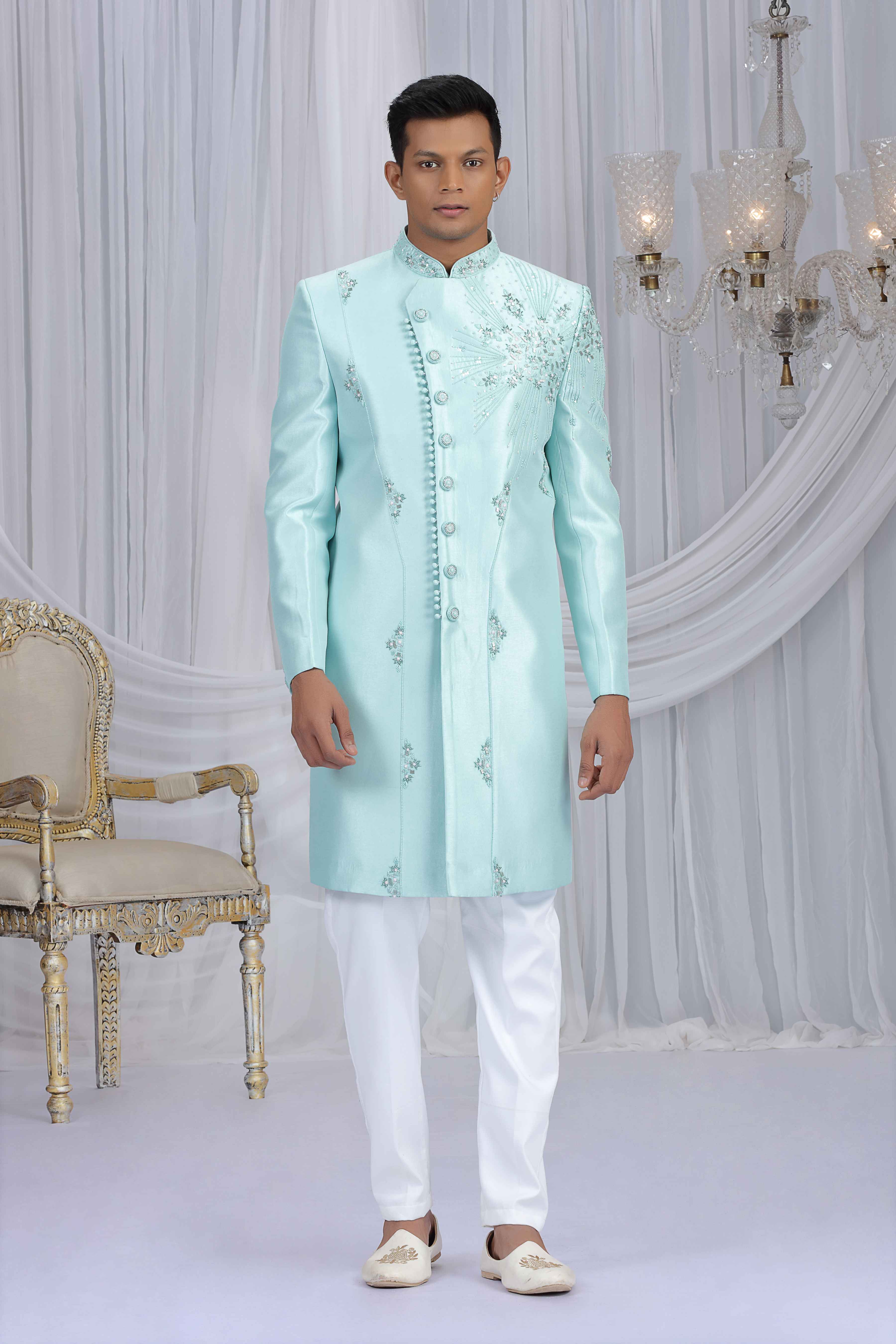 Mint Green Art Silk Sherwani with Embroidery