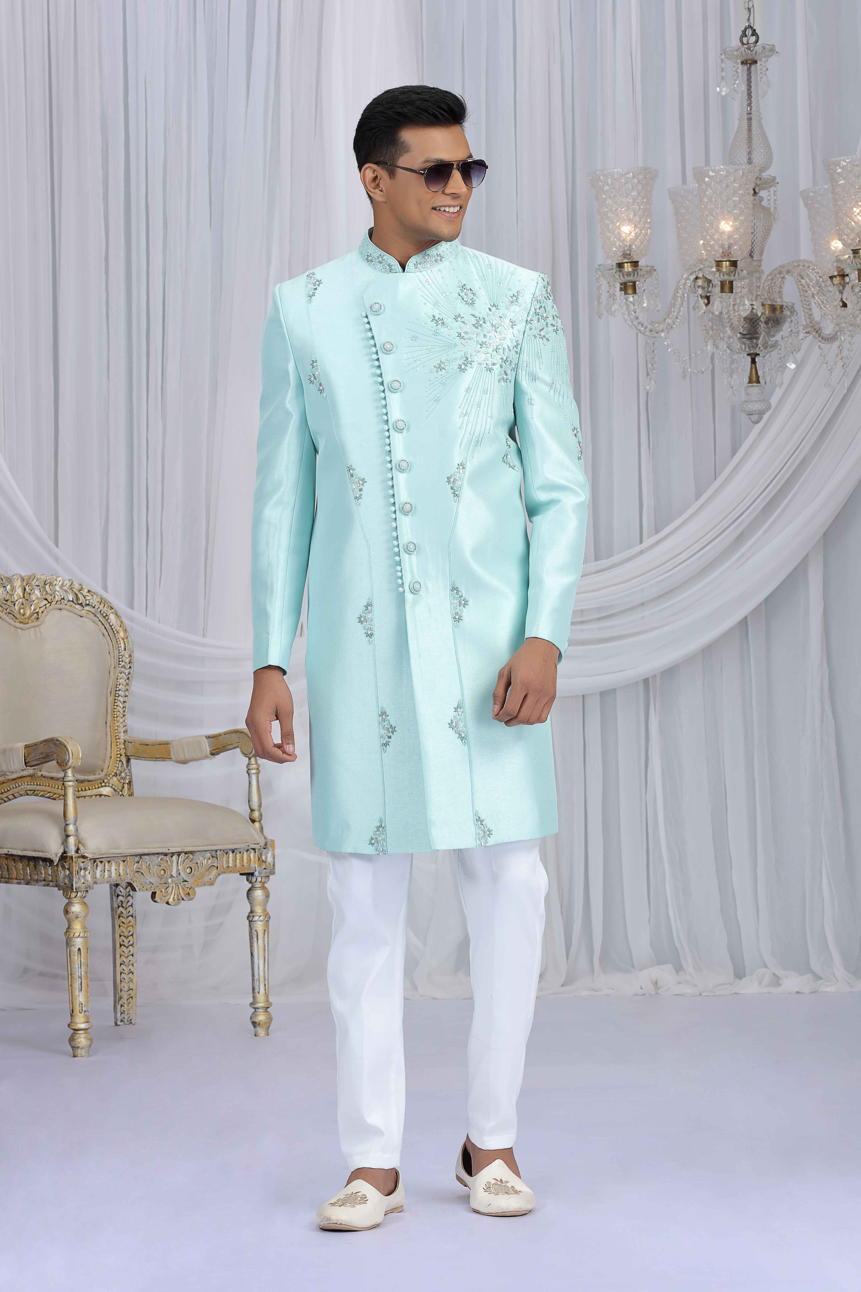 Mint Green Art Silk Sherwani with Embroidery