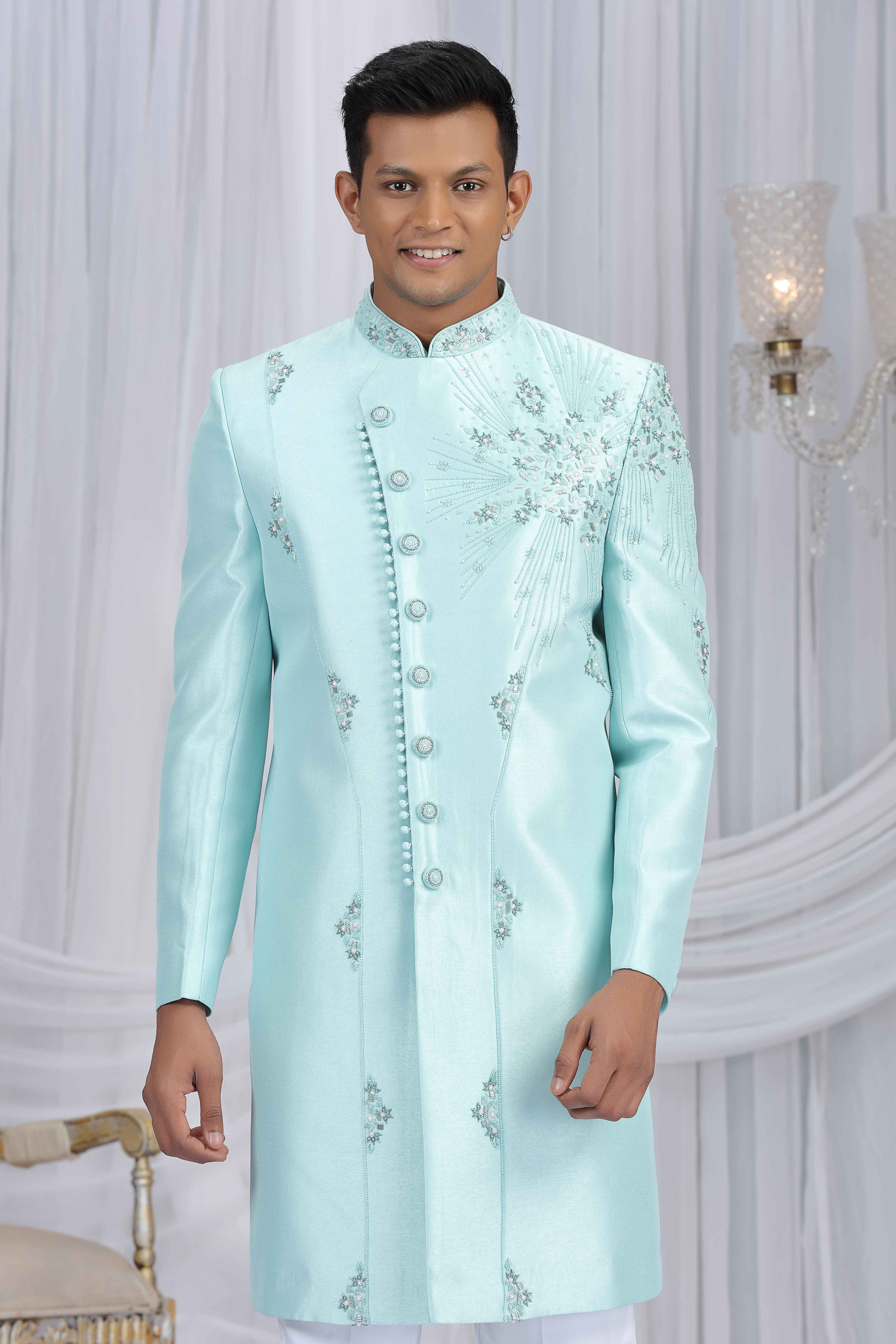 Mint Green Art Silk Sherwani with Embroidery