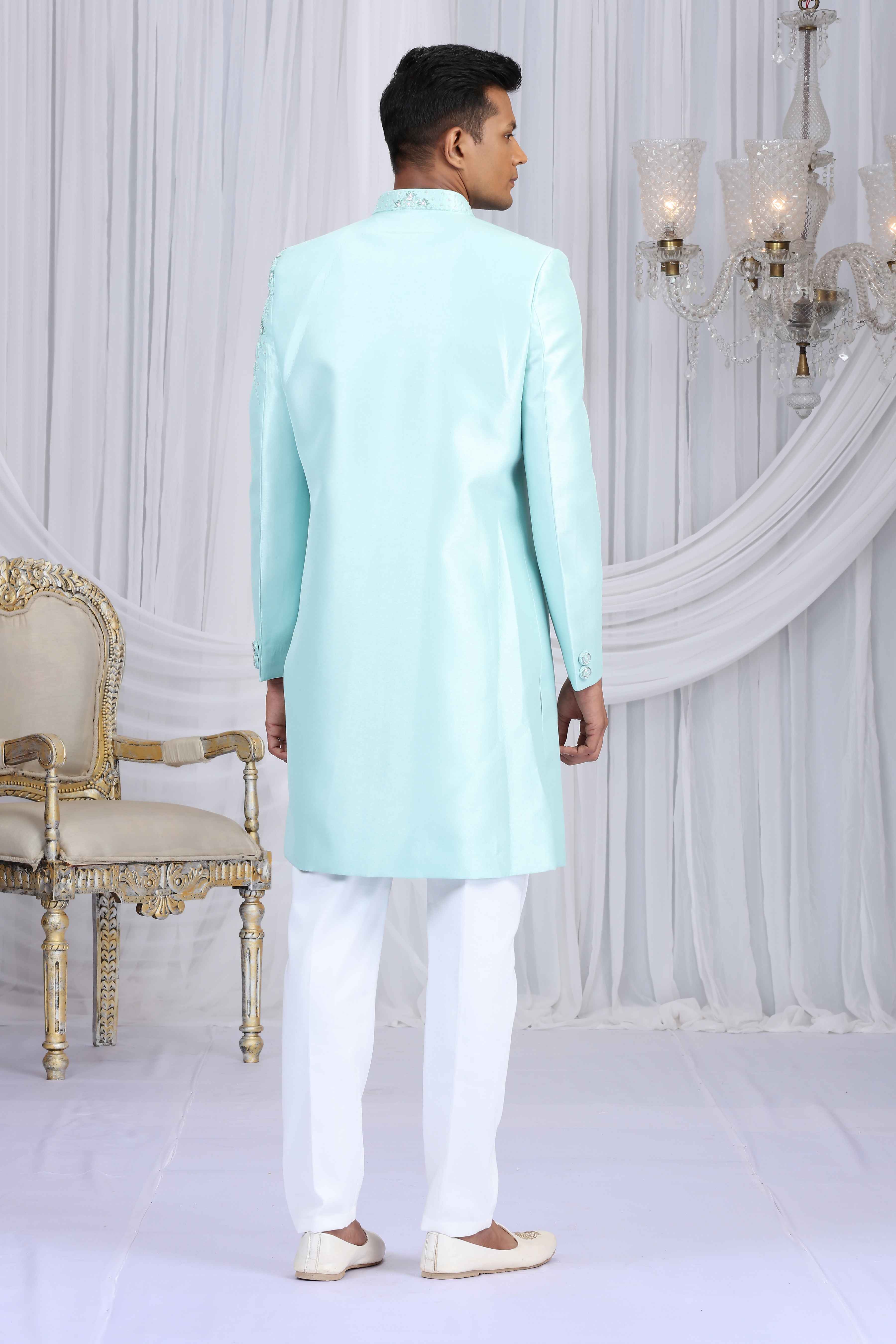 Mint Green Art Silk Sherwani with Embroidery