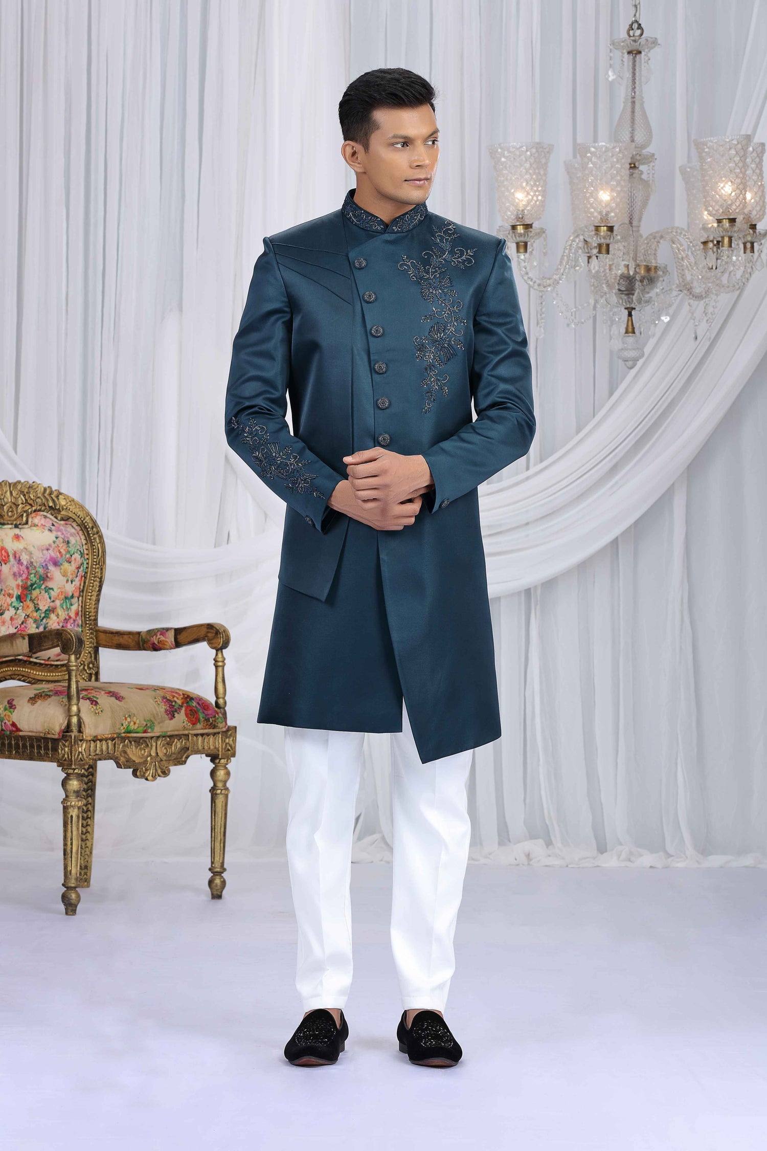 Navy Blue Art Silk Embroidered Sherwani for Groom Sherwani for Men Anant Tex Exports Pvt.Ltd..