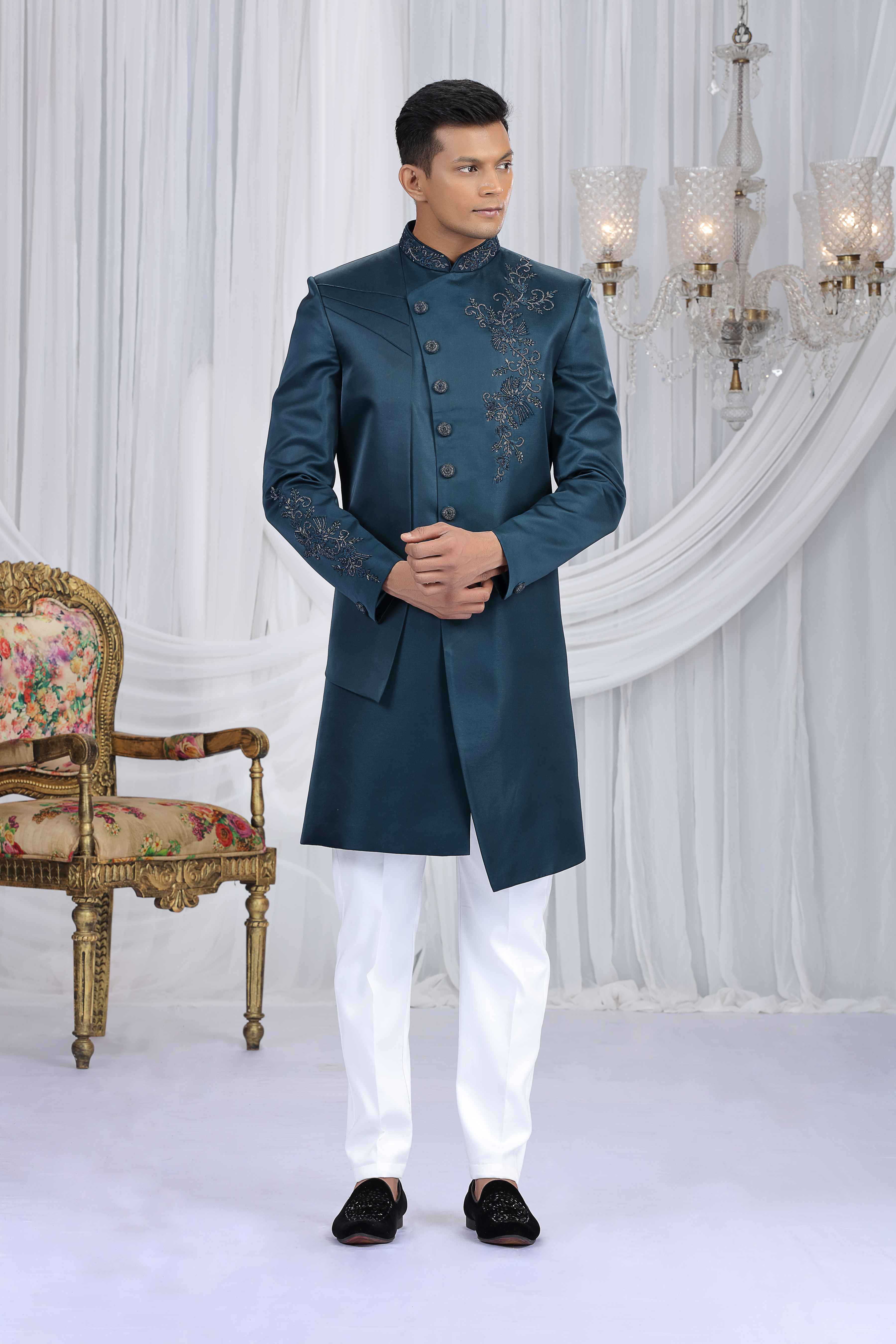 Navy Blue Art Silk Embroidered Sherwani for Groom