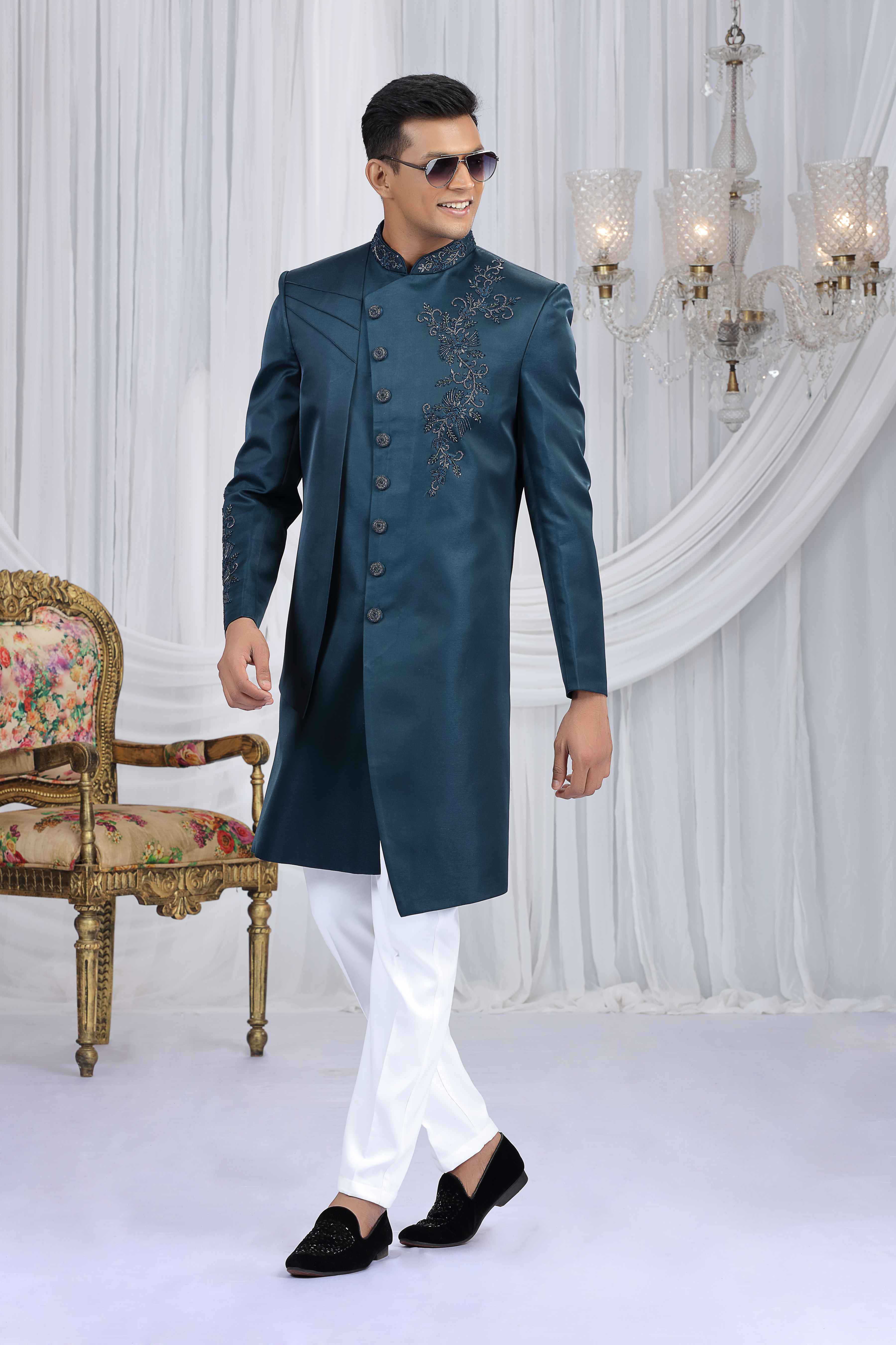 Navy Blue Art Silk Embroidered Sherwani for Groom