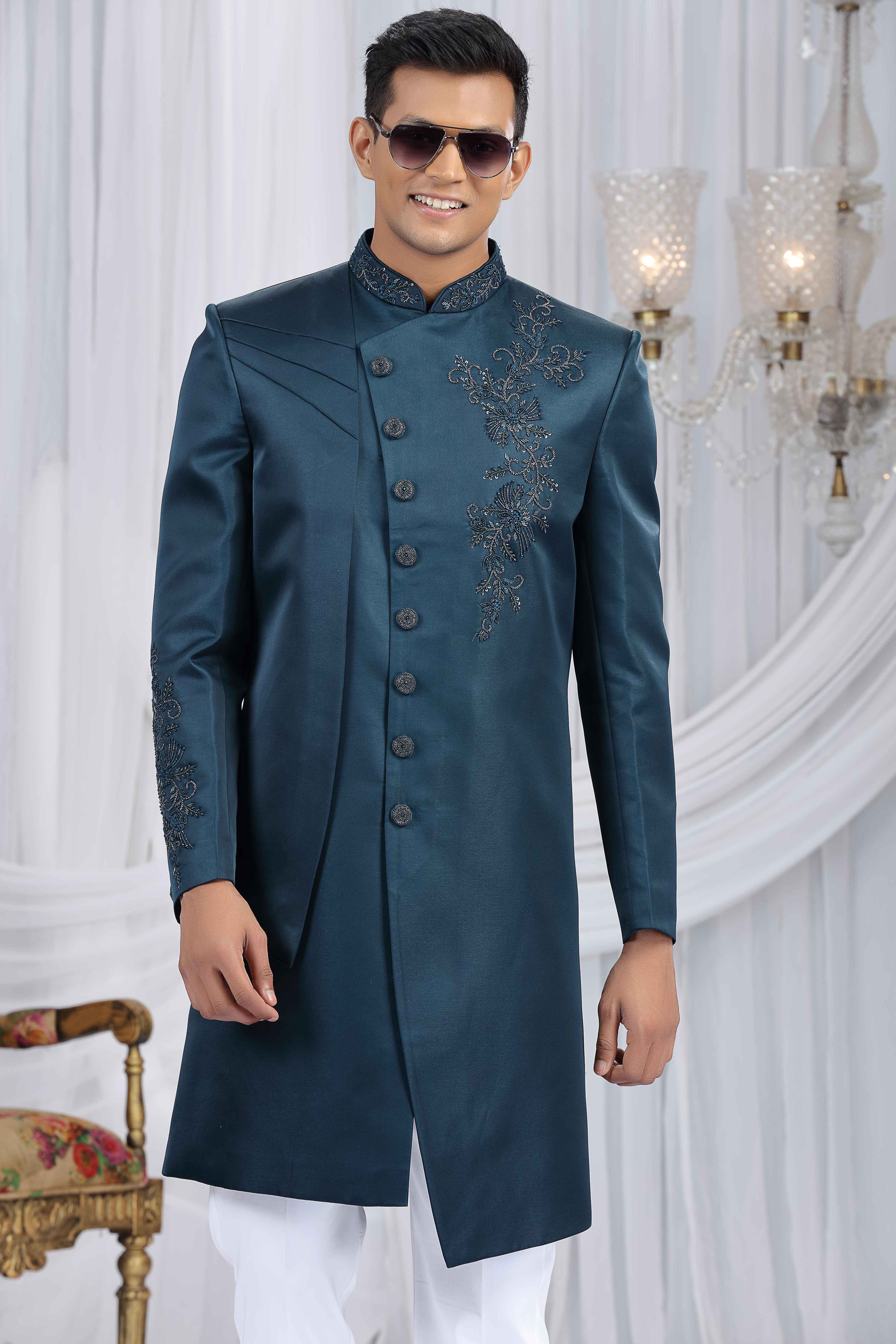 Navy Blue Art Silk Embroidered Sherwani for Groom