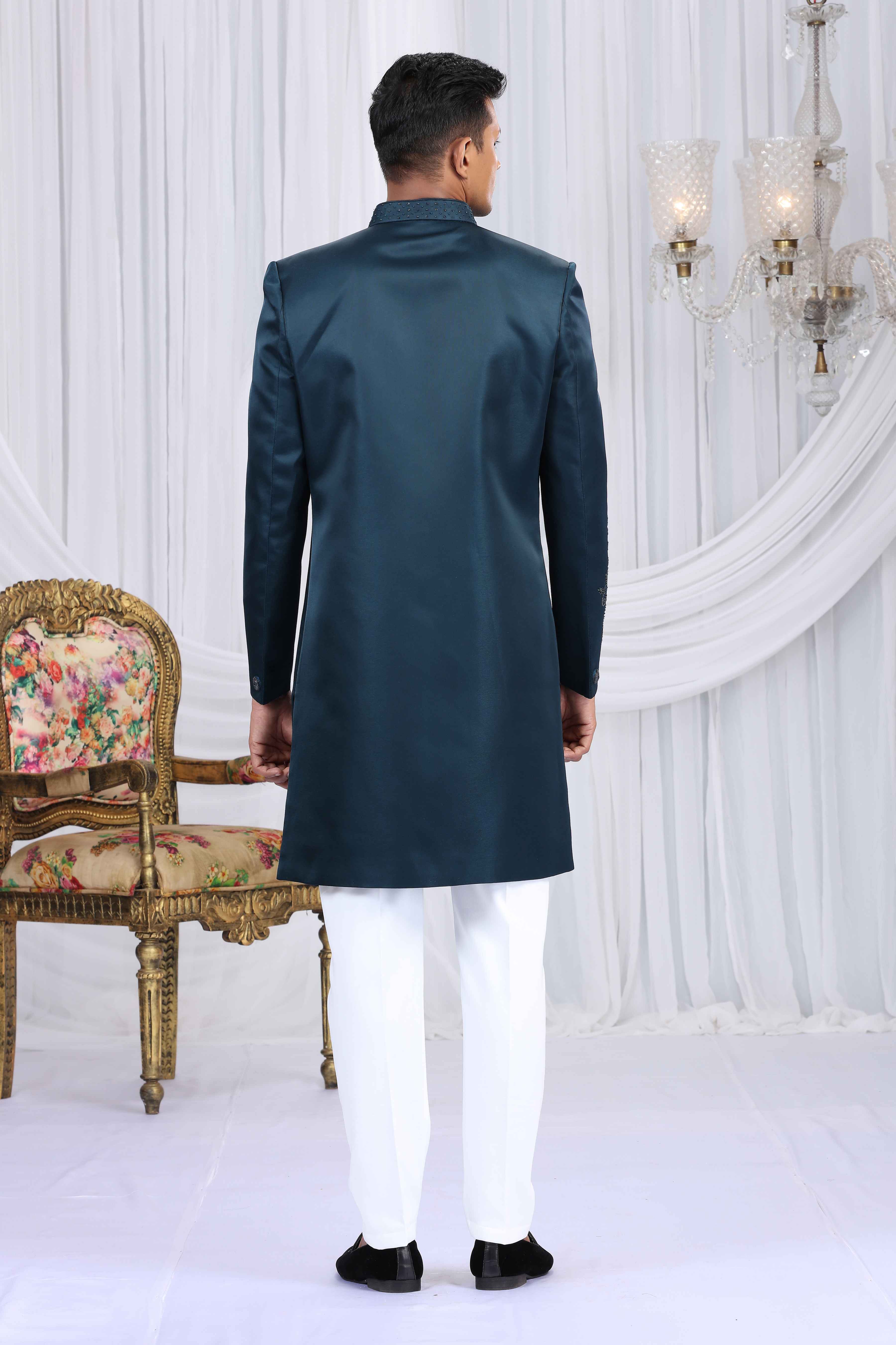 Navy Blue Art Silk Embroidered Sherwani for Groom