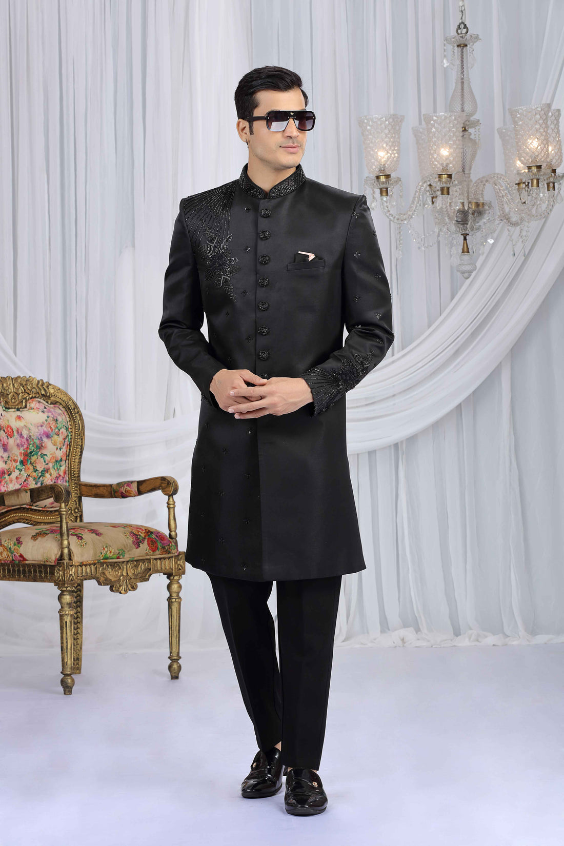 Black Velvet Embossed Embroidered Sherwani for Men Sherwani for Men Anant Tex Exports Pvt.Ltd..