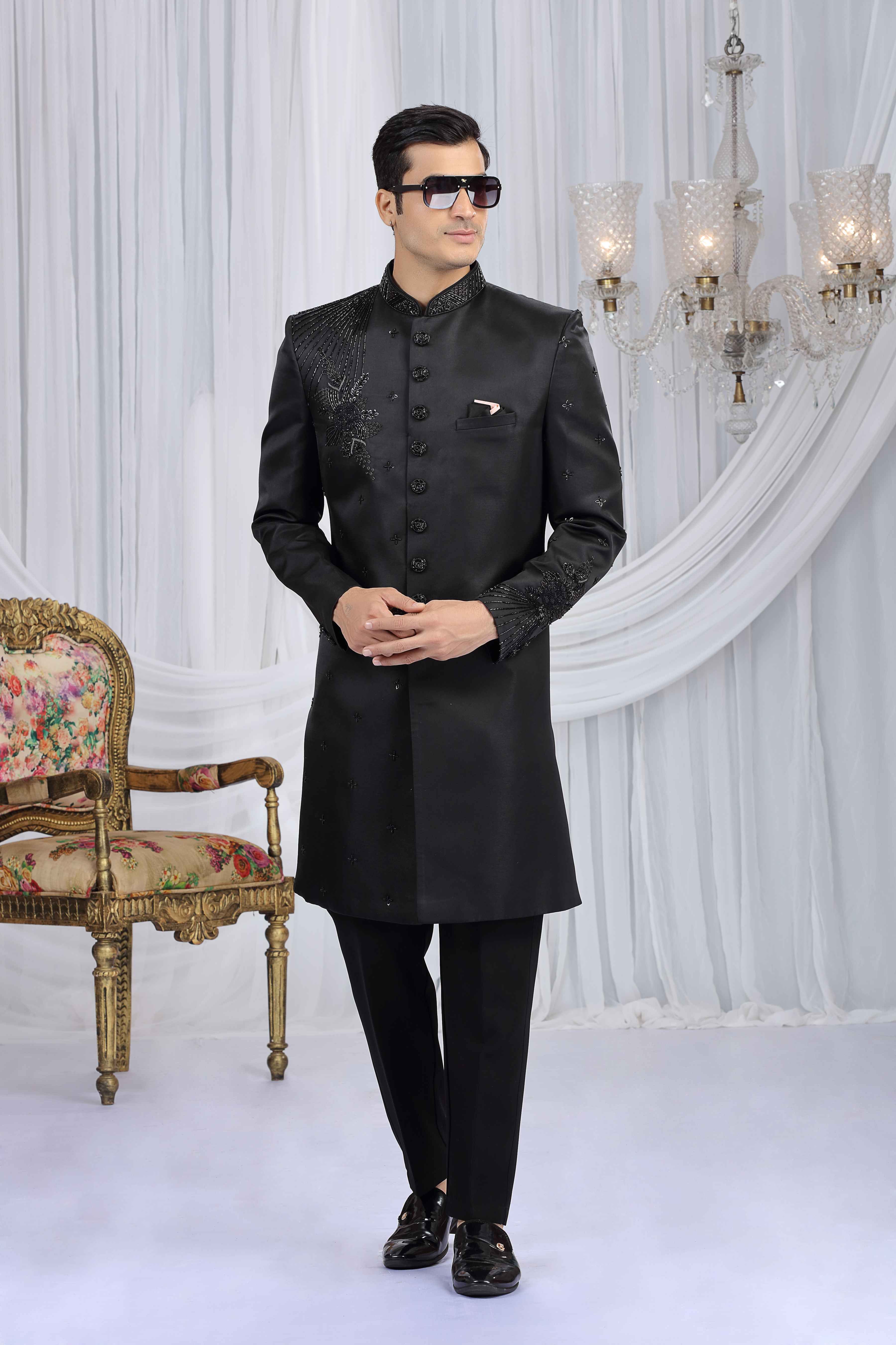 Black Velvet Embossed Embroidered Sherwani for Men