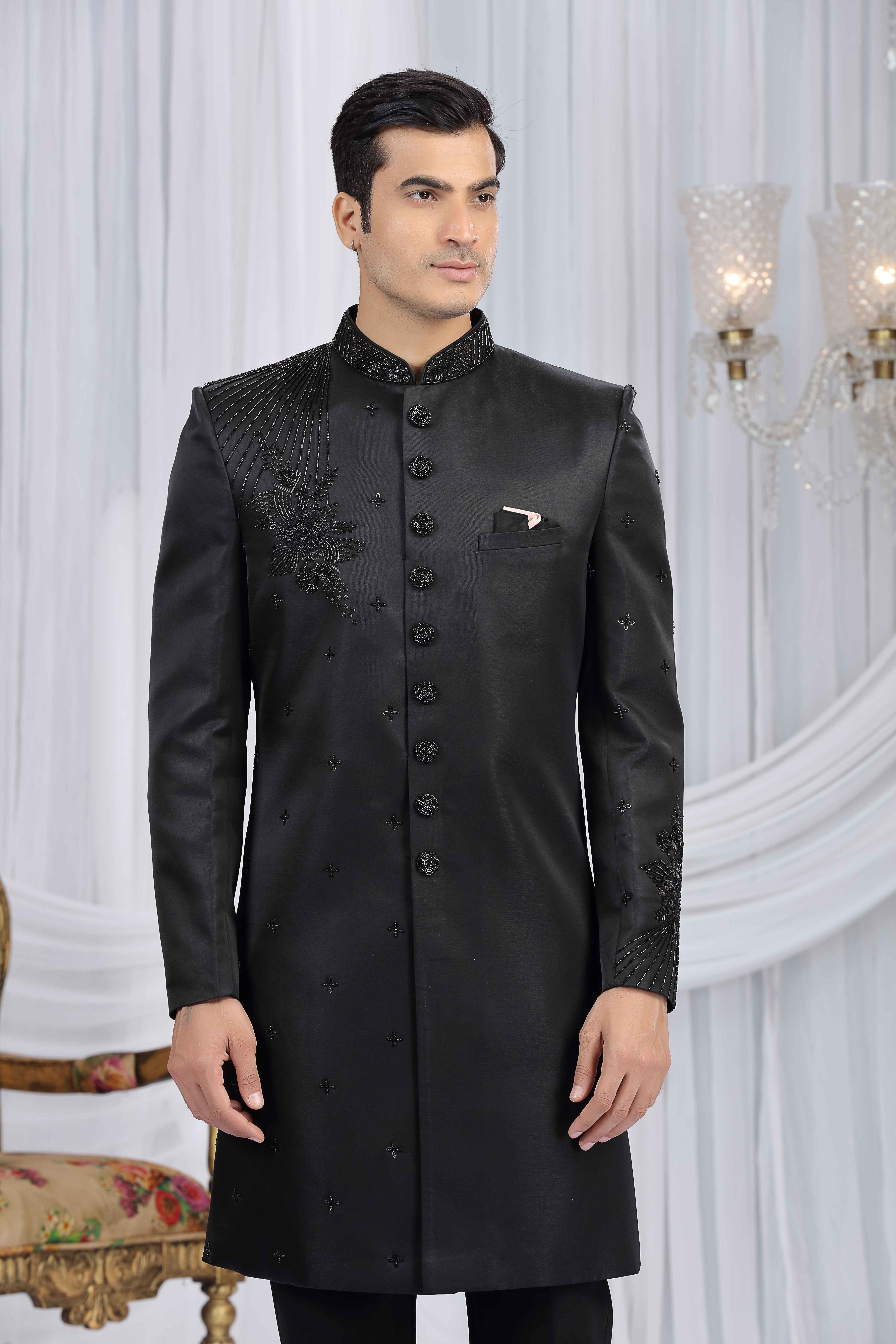 Black Velvet Embossed Embroidered Sherwani for Men