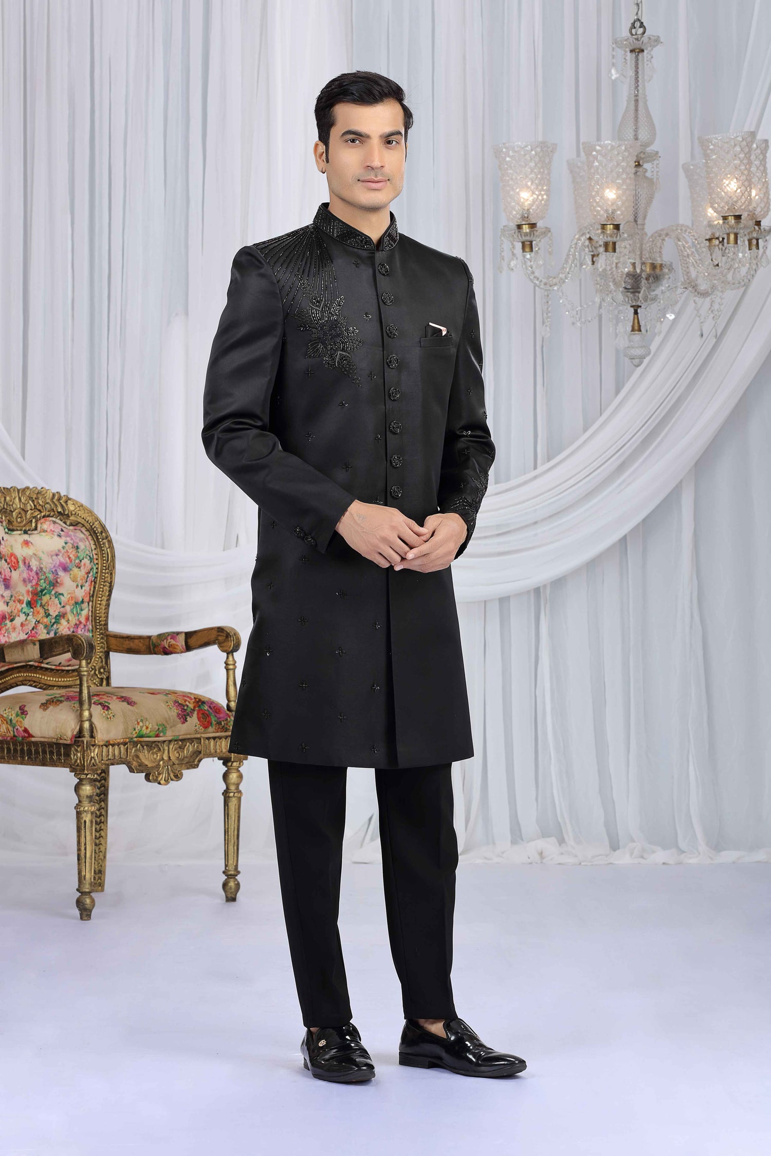 Black Velvet Embossed Embroidered Sherwani for Men Sherwani for Men Anant Tex Exports Pvt.Ltd..