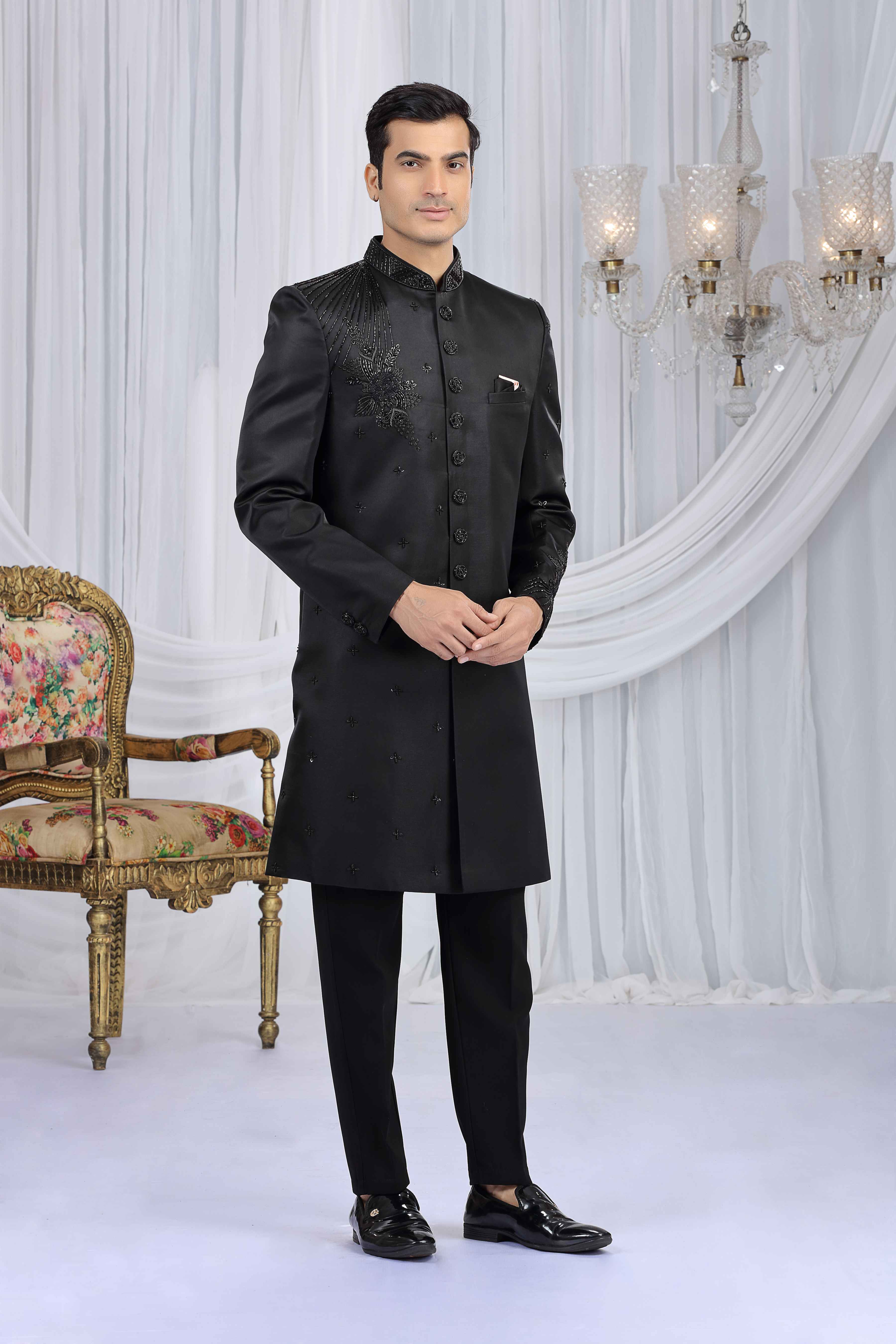 Black Velvet Embossed Embroidered Sherwani for Men