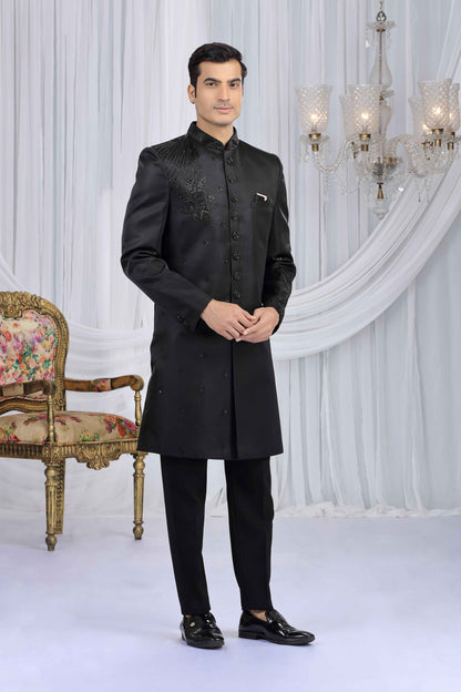 Black Velvet Embossed Embroidered Sherwani for Men Sherwani for Men Anant Tex Exports Pvt.Ltd..