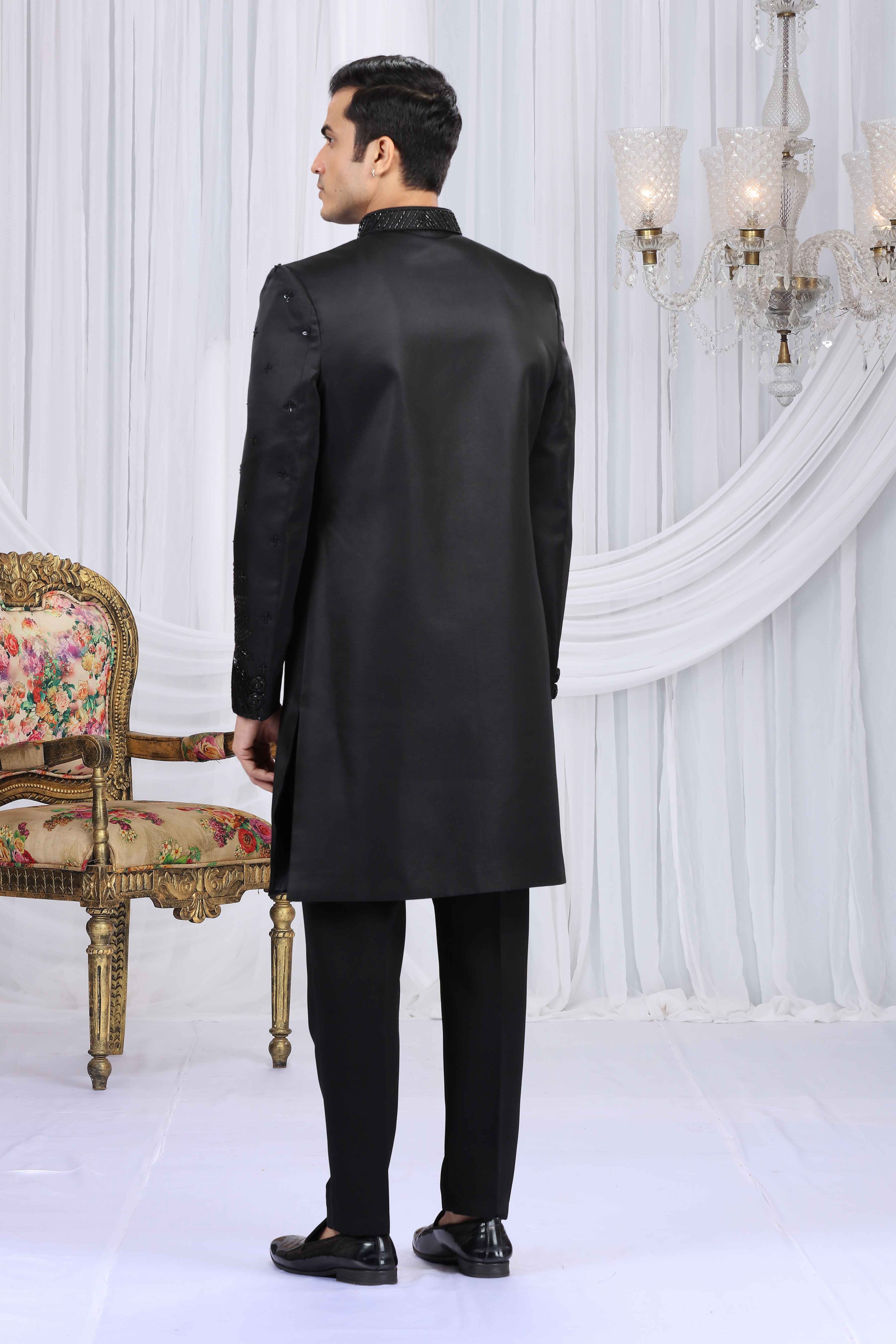 Black Velvet Embossed Embroidered Sherwani for Men