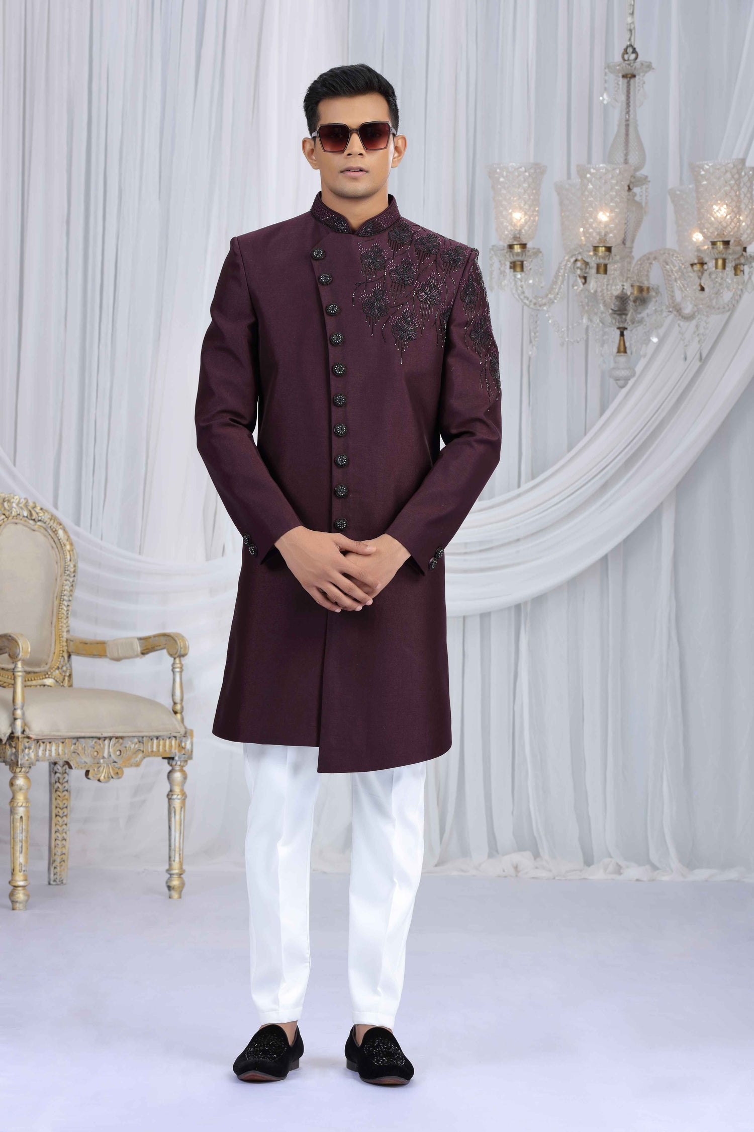 Wine Embroidered Classic Sherwani for Men Sherwani for Men Anant Tex Exports Pvt.Ltd..