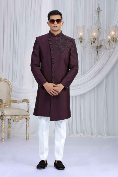 Wine Embroidered Classic Sherwani for Men Sherwani for Men Anant Tex Exports Pvt.Ltd..