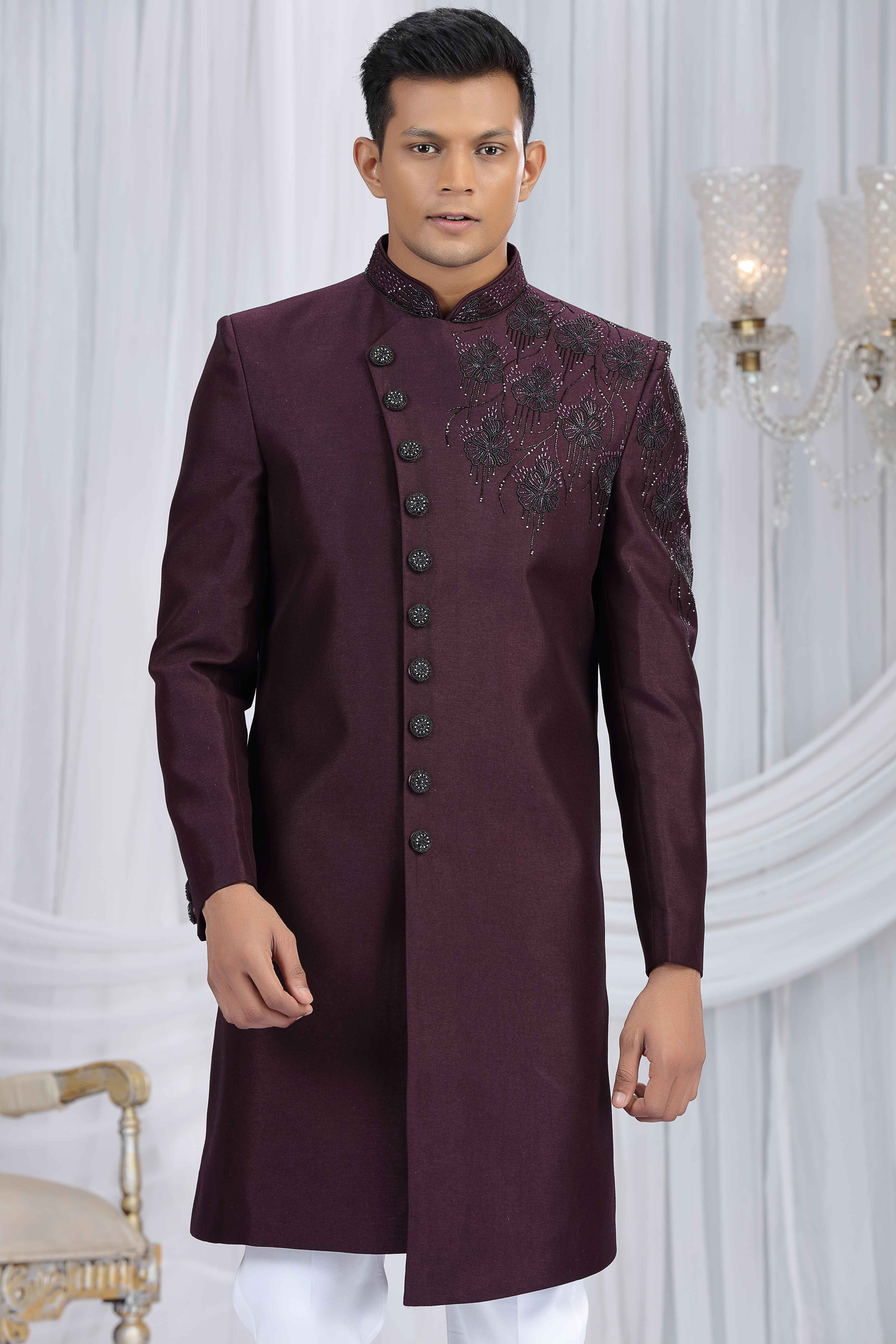 Wine Embroidered Classic Sherwani for Men