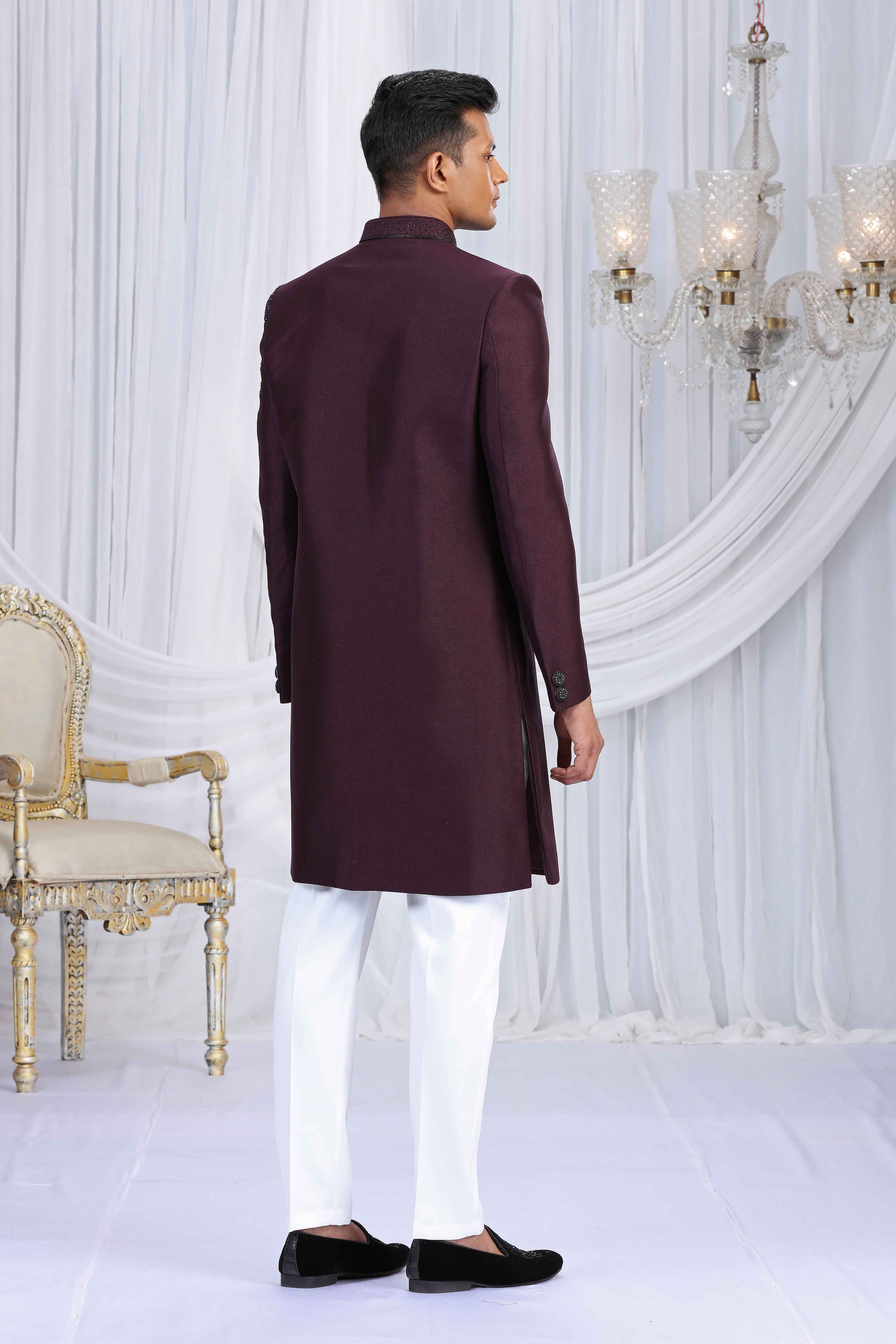 Wine Embroidered Classic Sherwani for Men