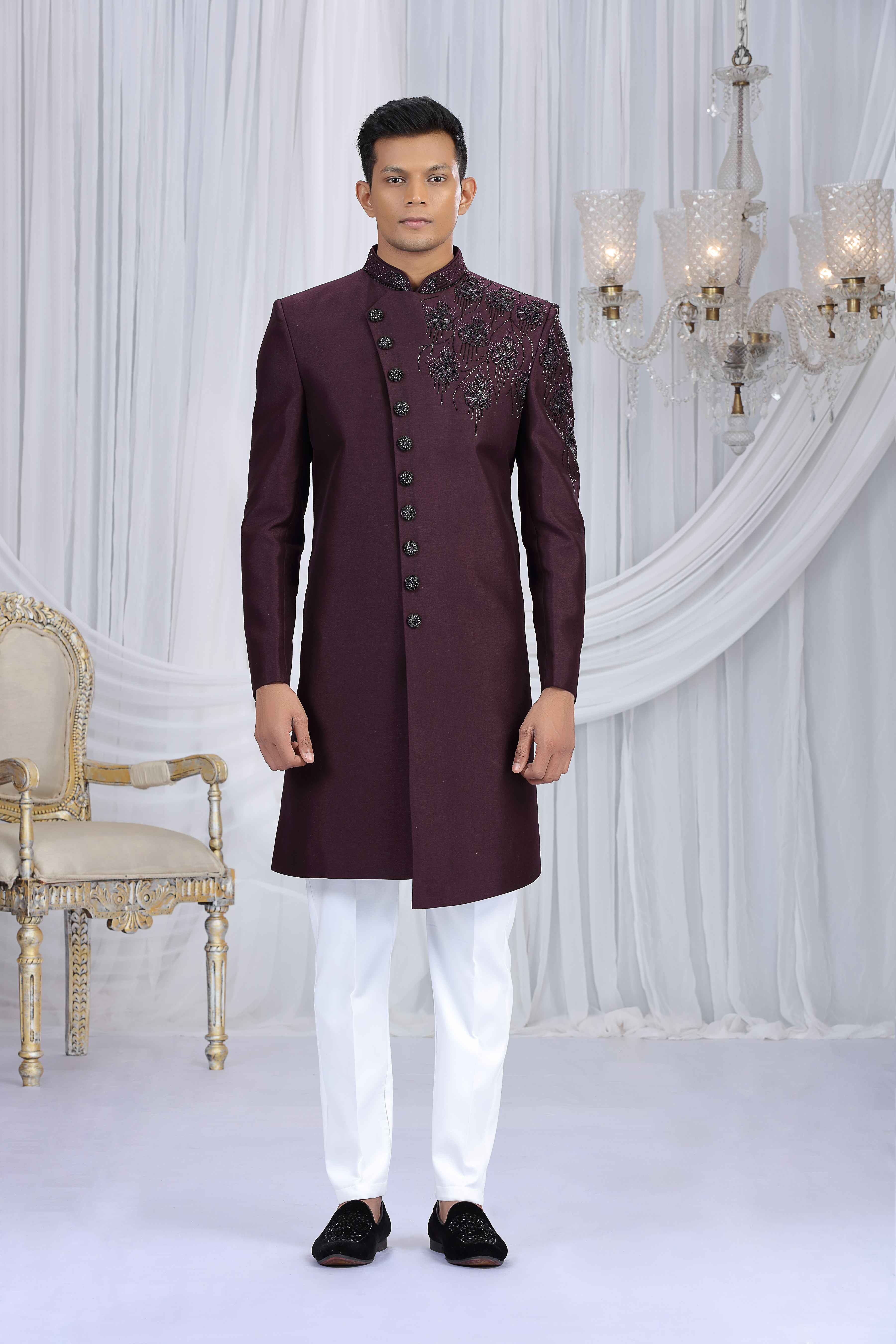 Wine Embroidered Classic Sherwani for Men