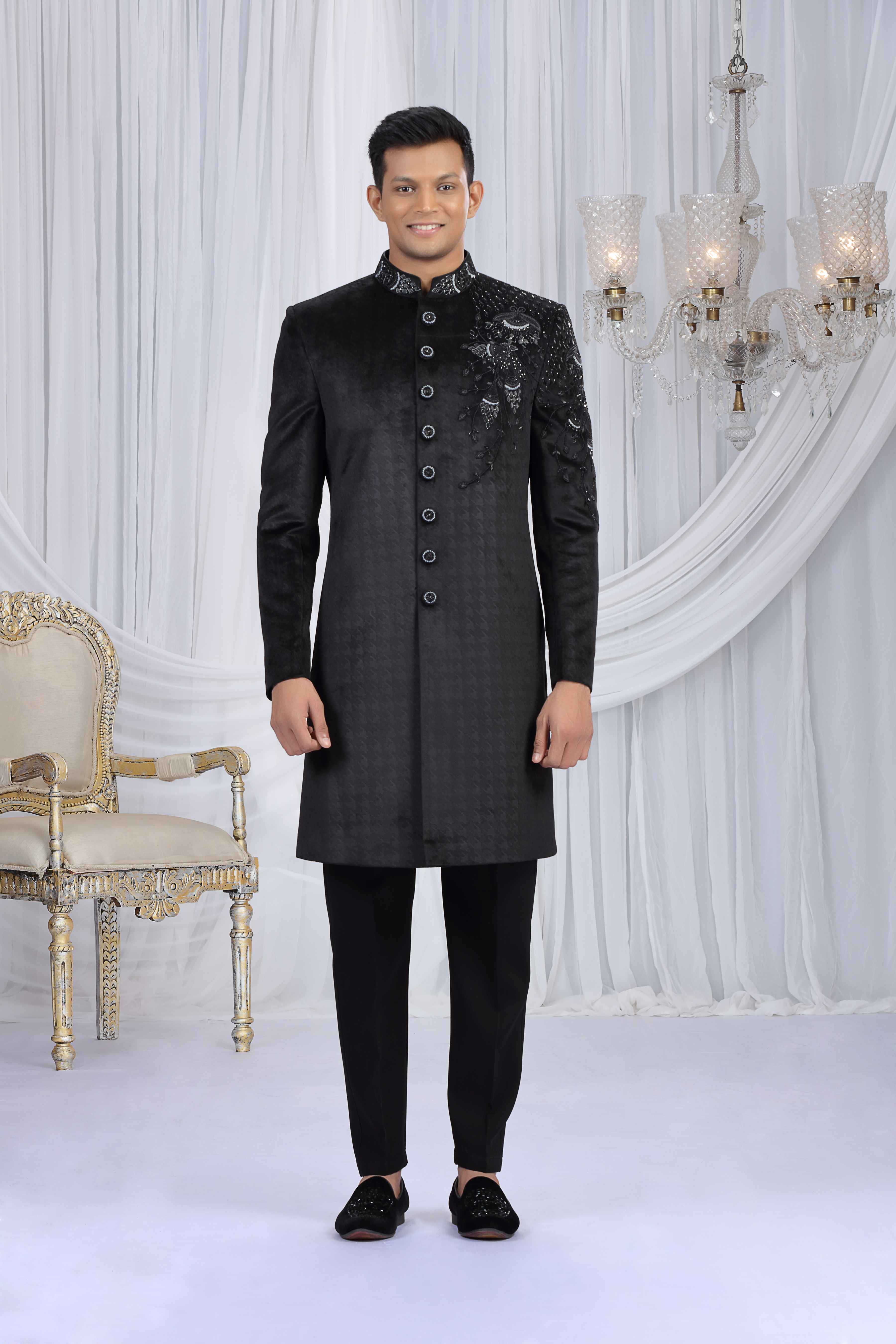 Black Textured Designer Sherwani with Embroidered Detailing Sherwani for Men Anant Tex Exports Pvt.Ltd..