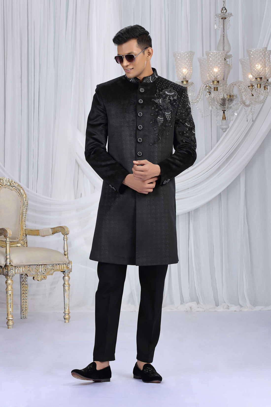 Black Textured Designer Sherwani with Embroidered Detailing Sherwani for Men Anant Tex Exports Pvt.Ltd..