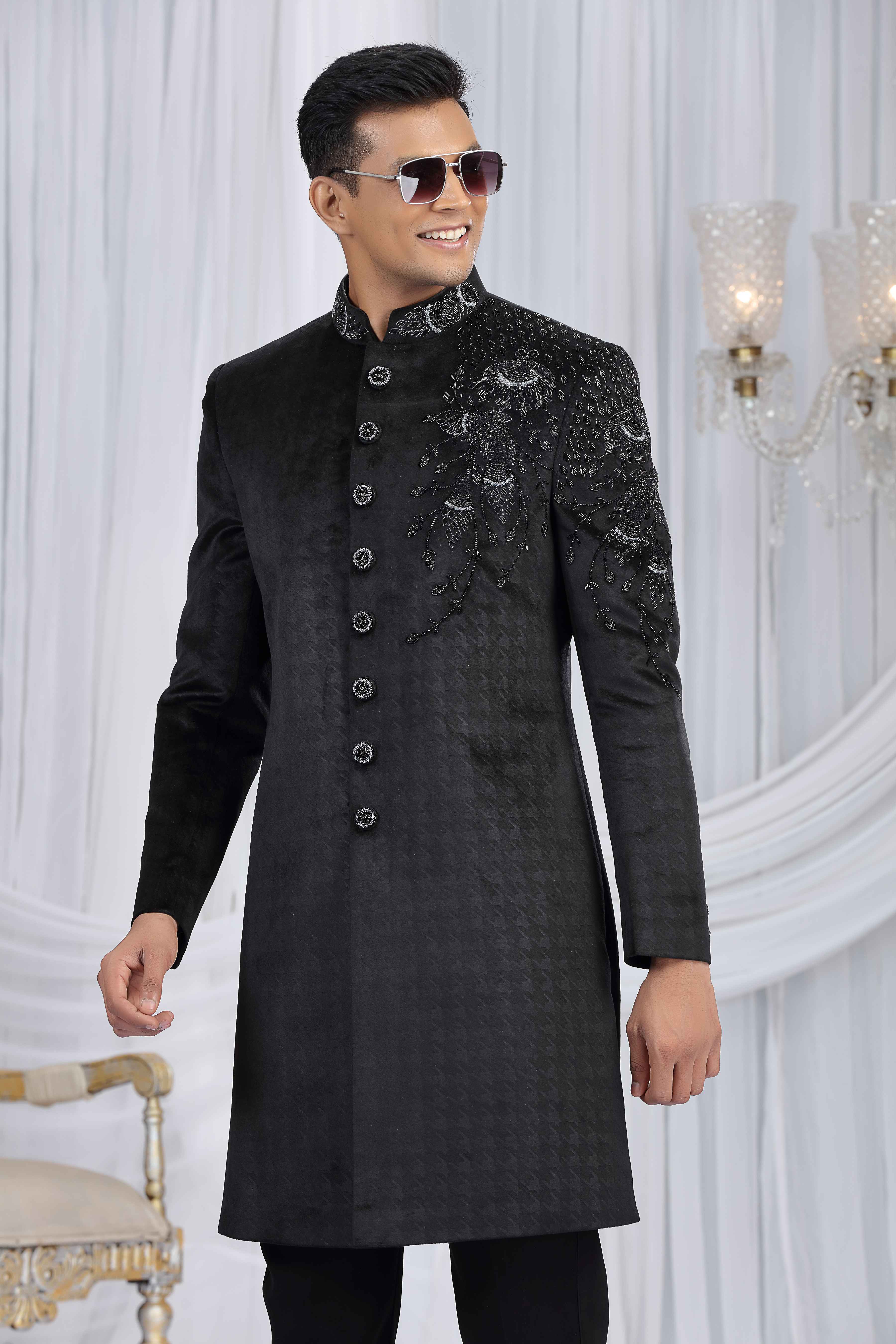 Black Textured Designer Sherwani with Embroidered Detailing