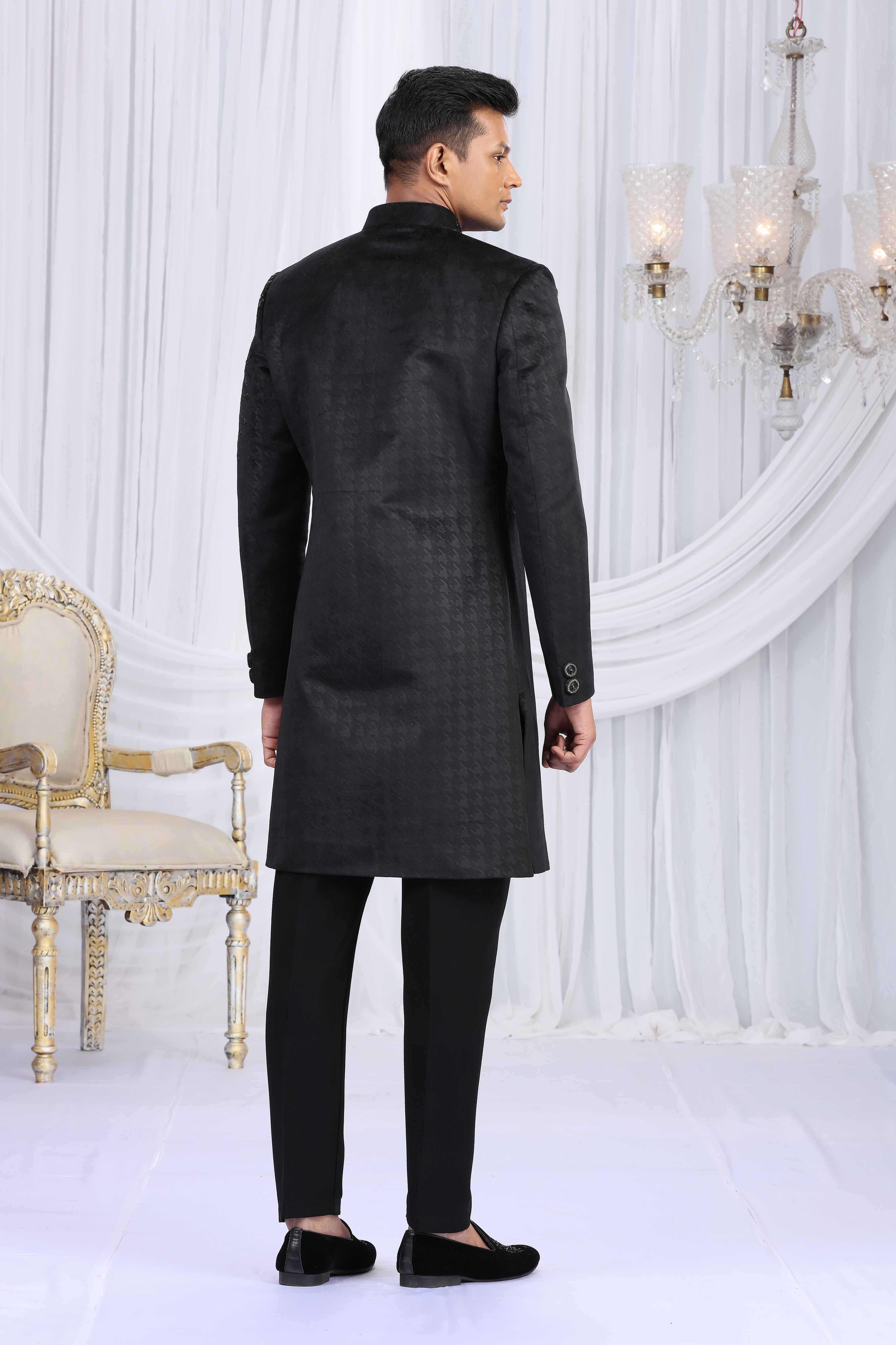 Black Textured Designer Sherwani with Embroidered Detailing Sherwani for Men Anant Tex Exports Pvt.Ltd..