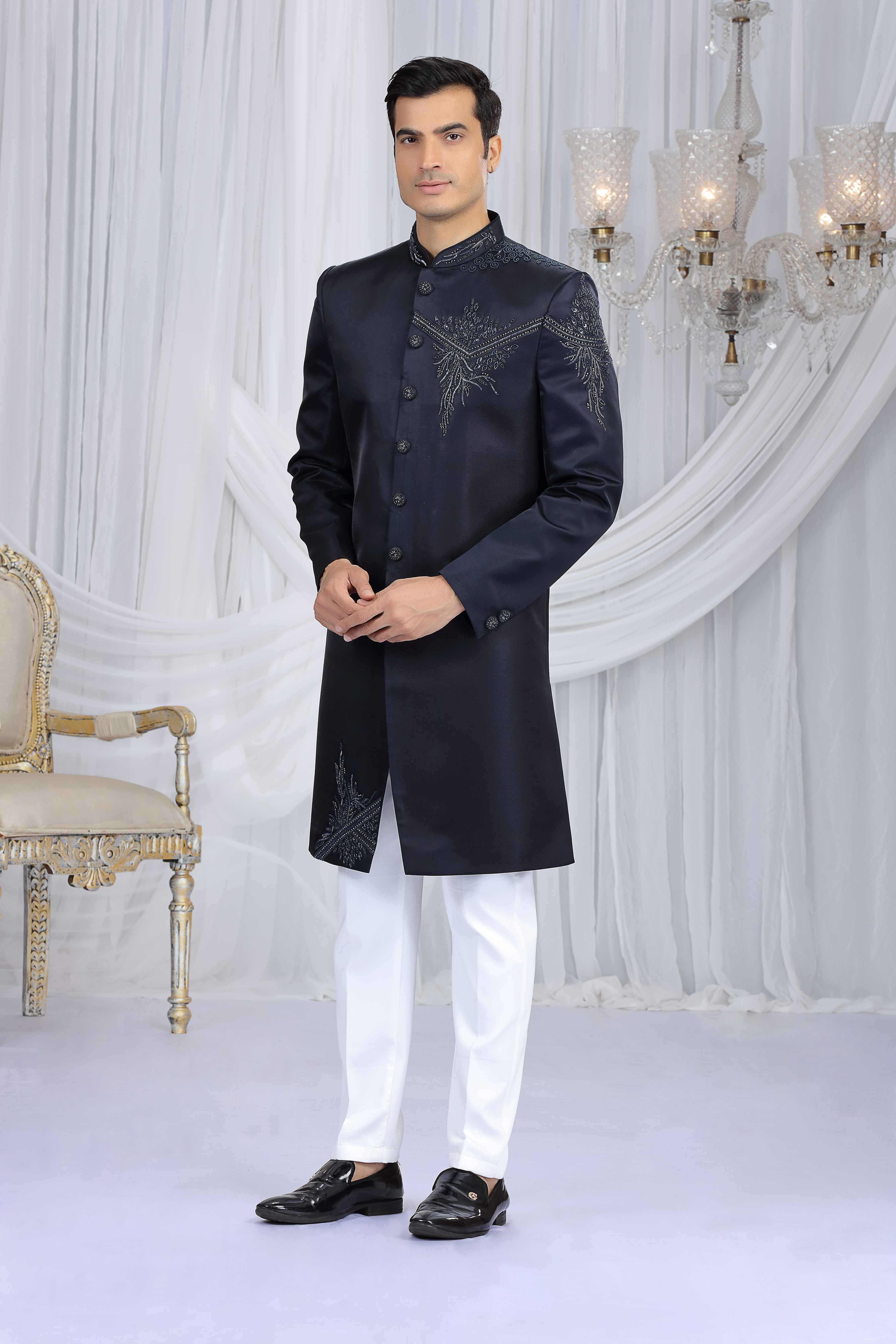 Navy Blue Shoulder Embroidered Sherwani for Men