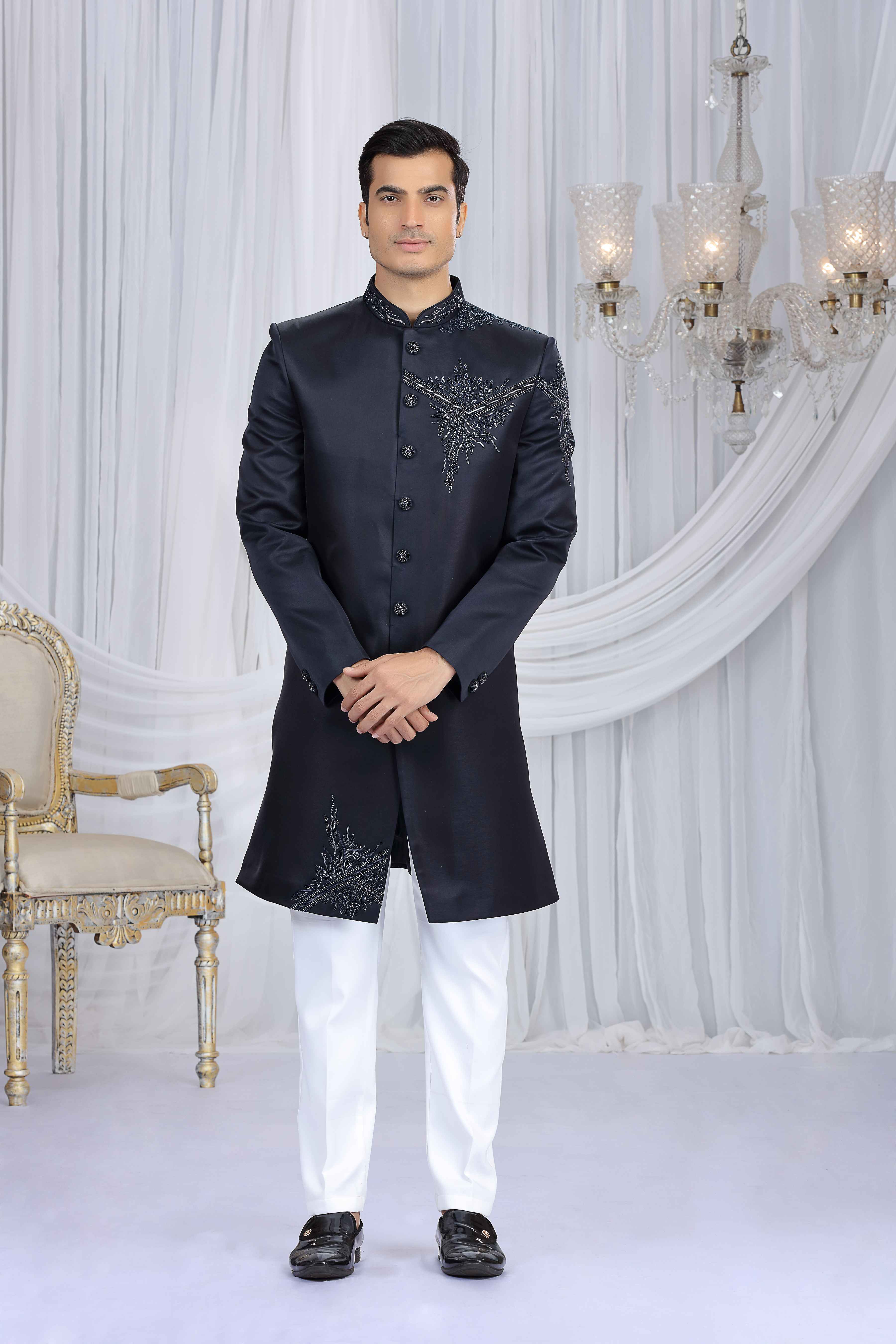 Navy Blue Shoulder Embroidered Sherwani for Men
